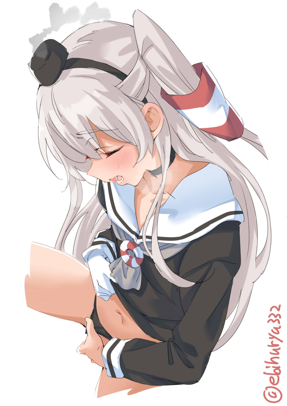 1girls amatsukaze_(kantai_collection) black_panties blush breasts breath brown_dress choker closed_eyes dress dress_lift ebifurya female fingering from_above gloves hair_tubes heavy_breathing highres kantai_collection lifted_by_self long_hair masturbation nose_blush open_mouth panties panties_aside pussy sailor_dress saliva short_dress silver_hair single_glove small_breasts solo spread_legs striped sweat thighs two_side_up underwear white_gloves windsock