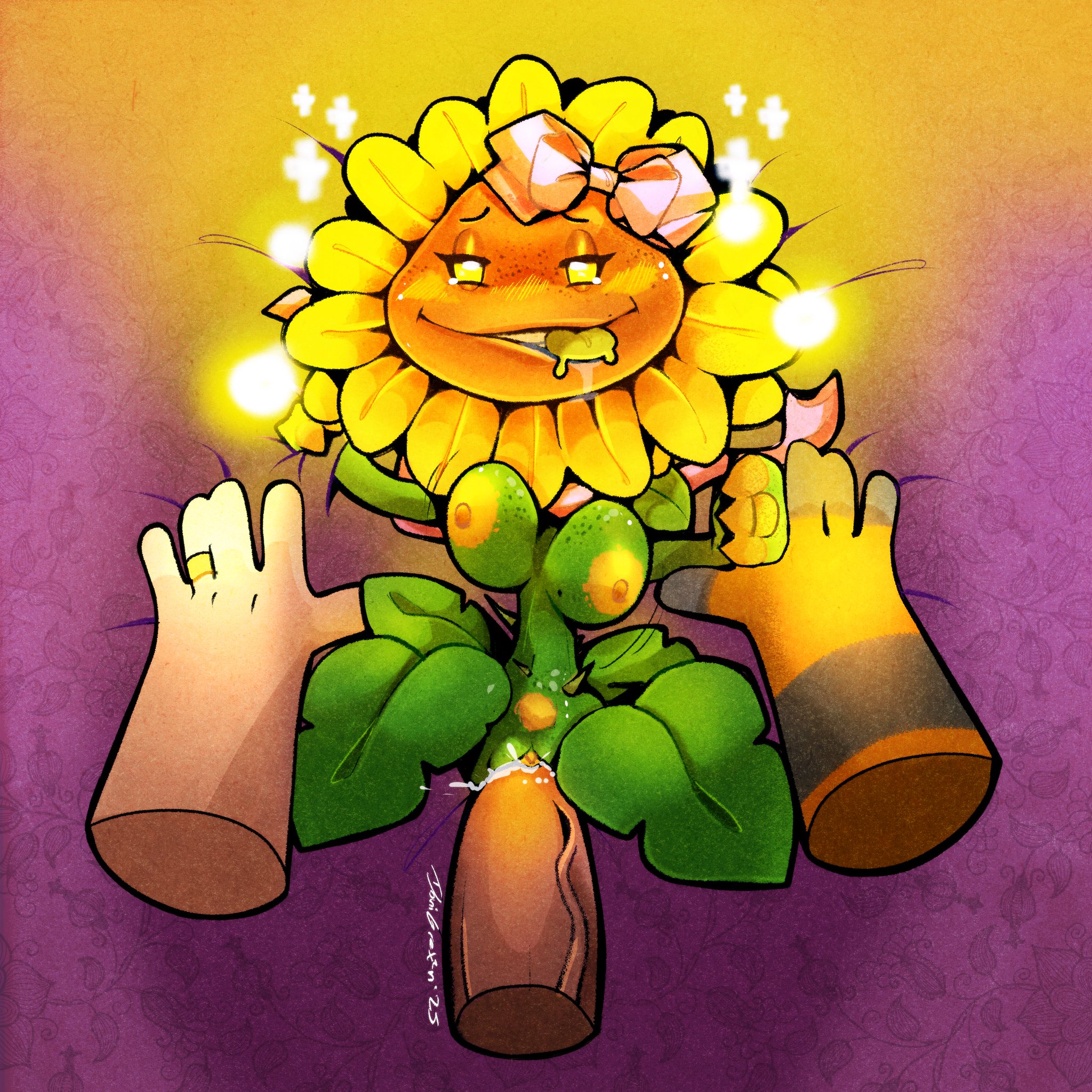 ahegao, bed, bedroom eyes, blush, bouncing breasts, breasts, cum, cum in pussy, cum inside, dgrex2n, english text, erect nipples, female, flower pot, freckles, freckles on face, glowing, hair ornament, hair ribbon, helmet removed, huge cock, large breasts, leaf, looking at viewer, male, nipples, penis, penis in stem, petals, plant, plant girl, plant pot, plants vs zombies, plants vs zombies: garden warfare, pov, pubic hair, pussy, pussy juice, ribbon, ring, seductive smile, size difference, smaller female, smile, sparks, spread legs, stem, straight, sunflower (pvz), tongue, tongue out, vaginal penetration, vaginal sex, yellow eyes, yellow flower, yellow nipples, yellow petals