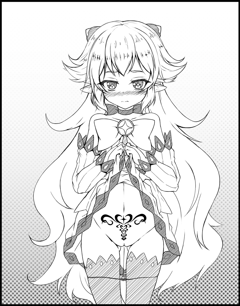 blush cat_and_rabbit demon_girl demon_horns detached_sleeves drawn elsword frown highres horns long_hair luciela_r._sourcream monochrome navel panties panty_pull pointy_ears pubic_tattoo pussy_juice pussy_juice_trail ribbon skirt skirt_lift star star-shaped_pupils symbol-shaped_pupils tattoo underwear