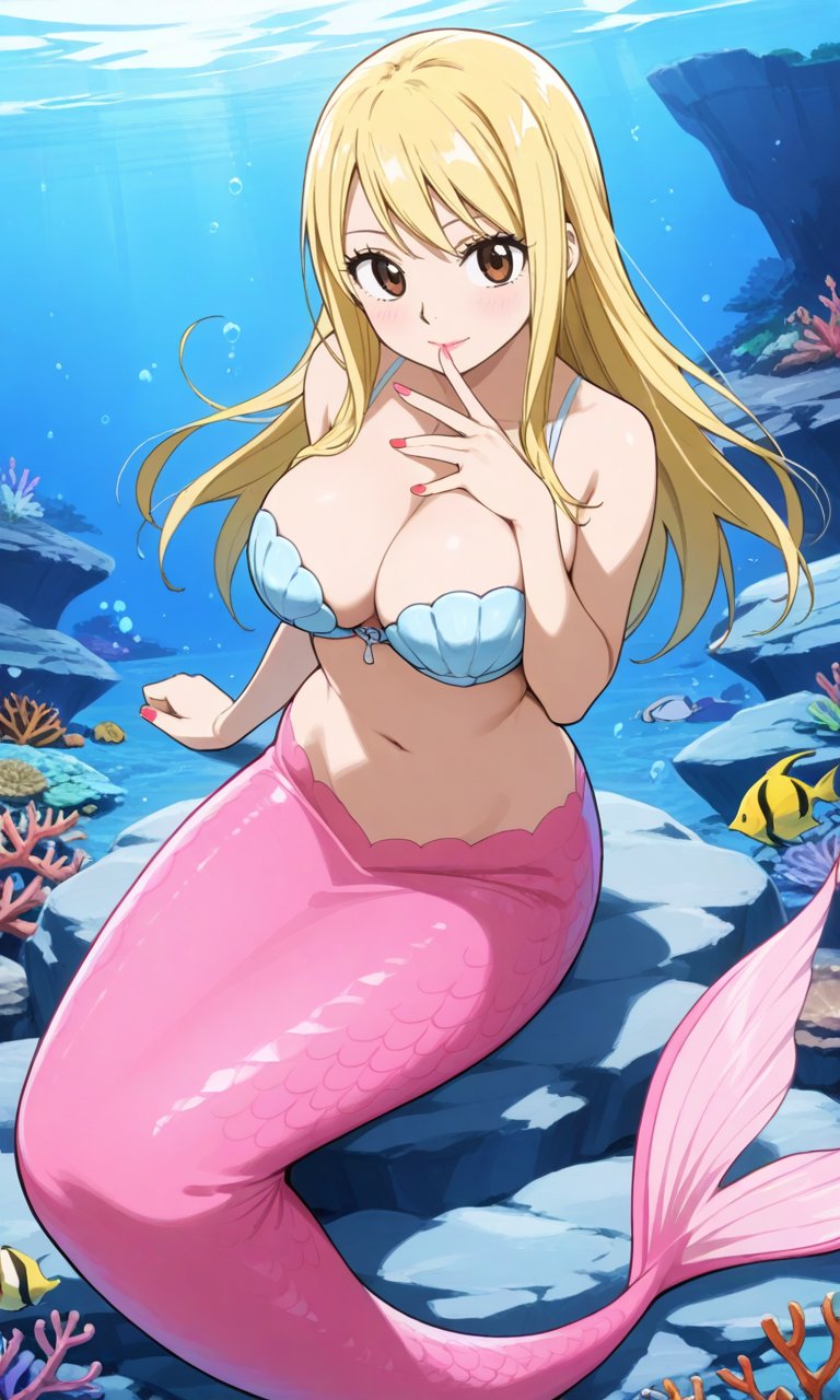1girls, ai generated, big breasts, blonde hair, blonde-haired female, breasts, brown eyes, fairy tail, female, huge breasts, isaacaugustolp1, long hair, lucy heartfilia, merfolk, mermaid, mermaid tail, pink tail, scales, seashell, seashell bra, seductive mouth, seductive pose, solo, underwater