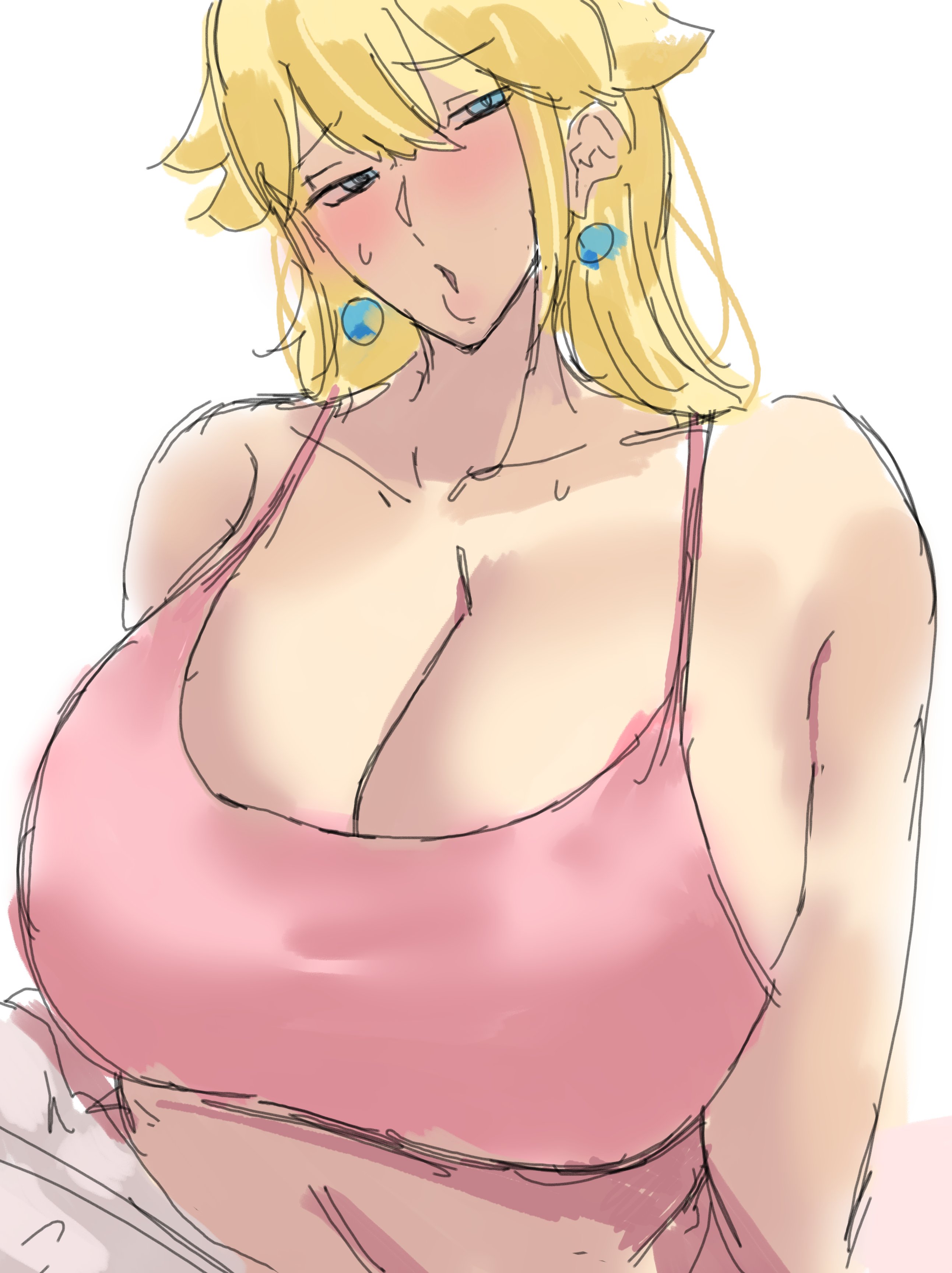 1girls, big breasts, blonde female, blonde hair, blonde-haired female, breasts, clothed, clothed female, earrings, female, large boobs, large breasts, mario (series), mario bros, mature, mature female, mature woman, milf, nintendo, pink tank top, princess, princess peach, royalty, sosakukanri, super mario bros., tank top, tanktop, tired, tired eyes, video game character