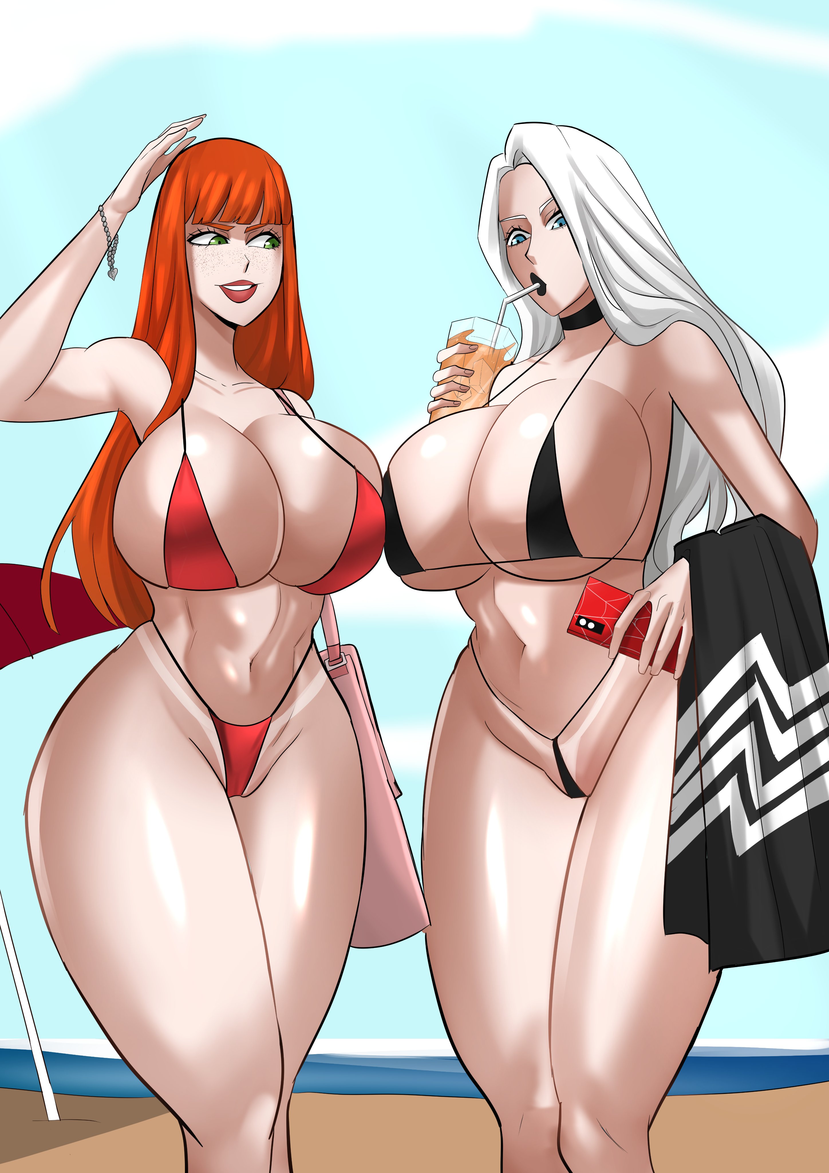 2025, 2girls, absurd res, ass, beach, bikini, black cat (marvel), black lipstick, breasts, cleavage, duo, felicia hardy, female, female focus, female only, hi res, huge breasts, large breasts, light skin, light-skinned female, marvel, marvel comics, mary jane watson, spider-man (series), superheroine, swimsuit, thick thighs, thighs, venomarts00, white hair, wide hips