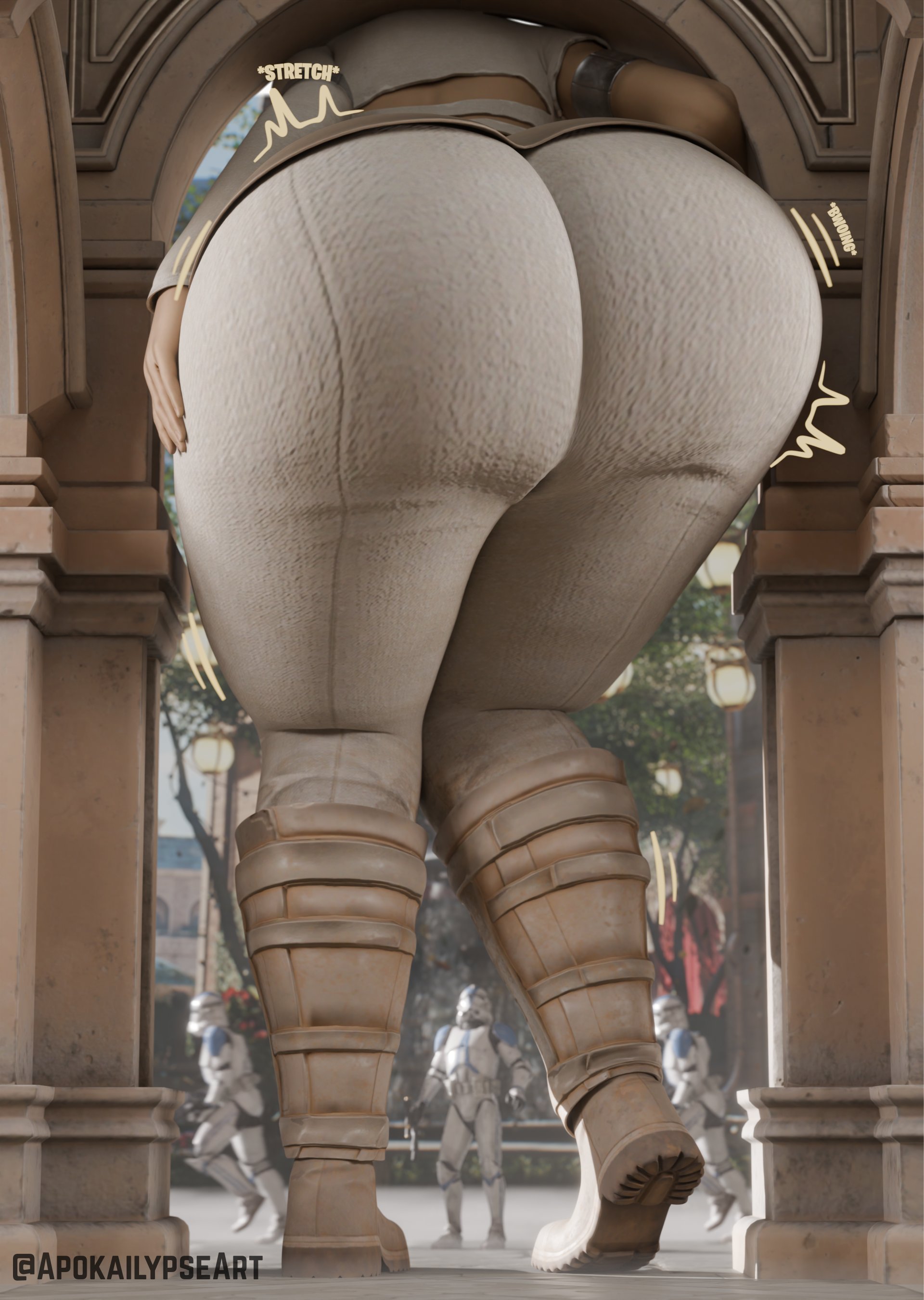 apokailypseart, ass, ass bigger than head, ass expansion, attack of the clones, big ass, bigger female, clone trooper, clone wars, female, fully clothed, giantess, huge ass, padme amidala, star wars, stuck, stuck in door, thick hips, thick thighs, tight clothing, wide hips