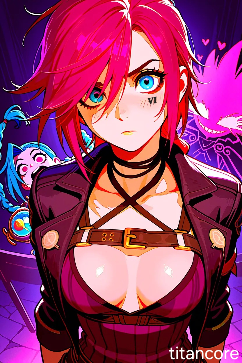 (titancore), 2girls, ai generated, arcane, arcane vi, blue eyes, blue hair, breasts, clothing, female, jinx (arcane), jinx (league of legends), league of legends, medium breasts, number tattoo, purple eyes, red hair, serious face, shocked expression, sisters, tattoos, vi, video game character