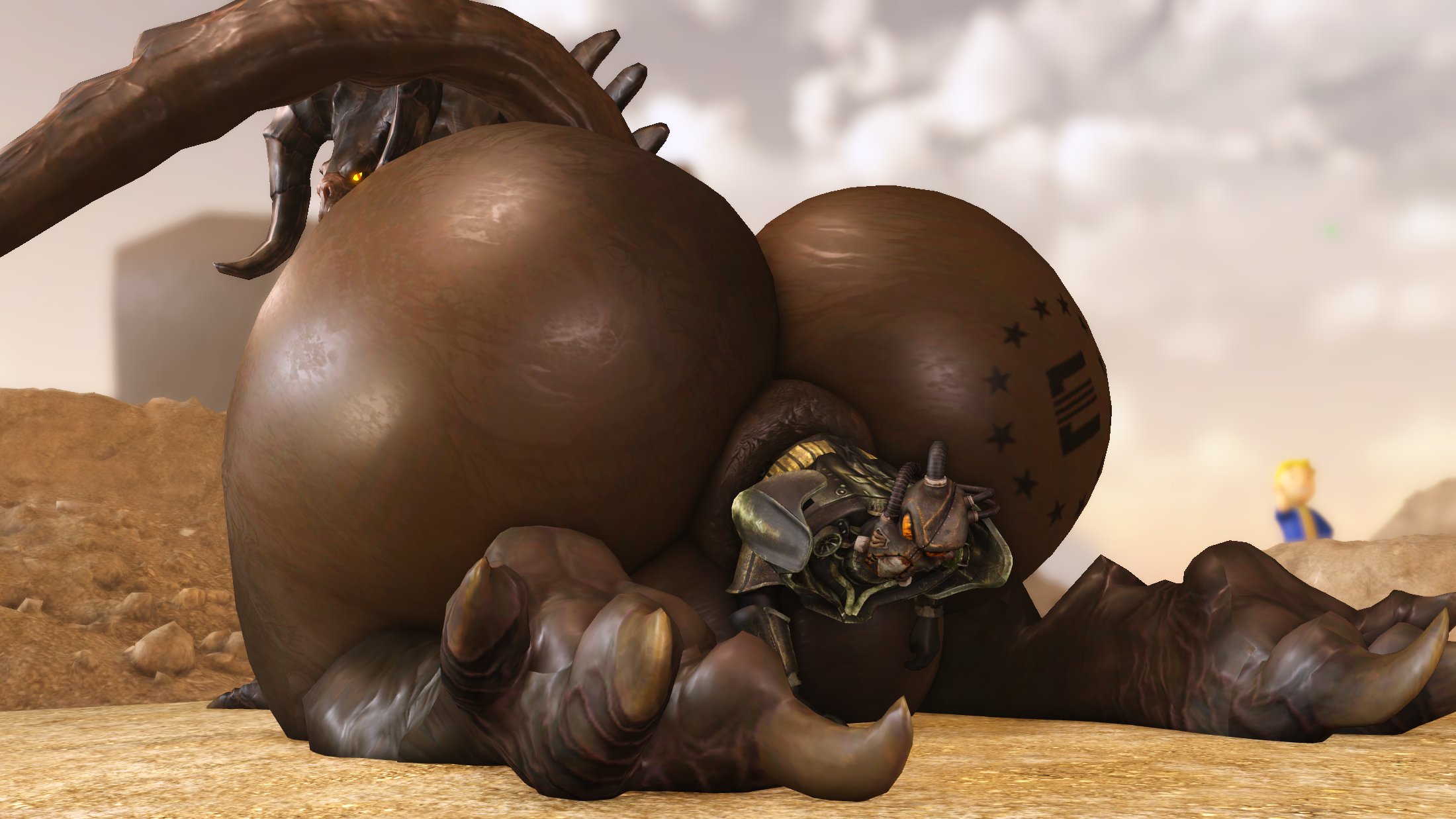 3d, 3d (artwork), anal vore, armor, ass, balls, bethesda softworks, big ass, big balls, big butt, deathclaw, enclaw (willie piv), fallout, from behind, gay, looking back, male, male only, male/male, smaller male, willie piv