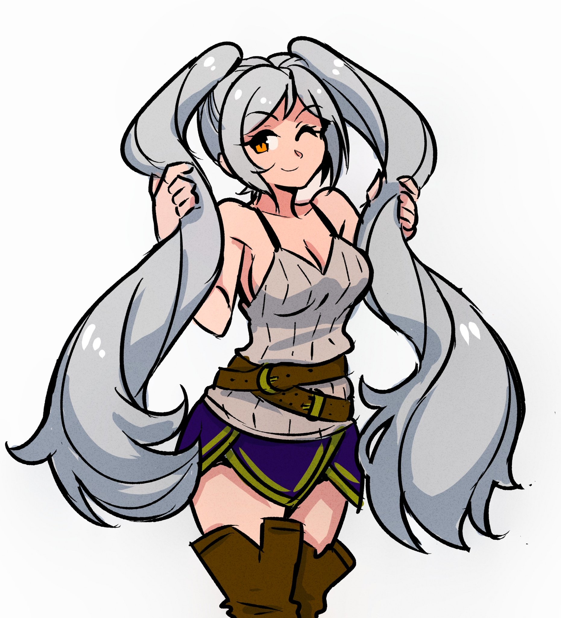 1girls, absurdres, akairiot, belt, boots, breasts, camisole, cleavage, cute, female, female only, fire emblem, fire emblem awakening, grey hair, happy, highres, light skin, light-skinned female, long hair, nintendo, orange eyes, robin (fire emblem), robin (fire emblem) (female), sideboob, smile, solo, tagme, thigh boots, thighhighs, thighs, twintails, very long hair, white background, white hair, wink