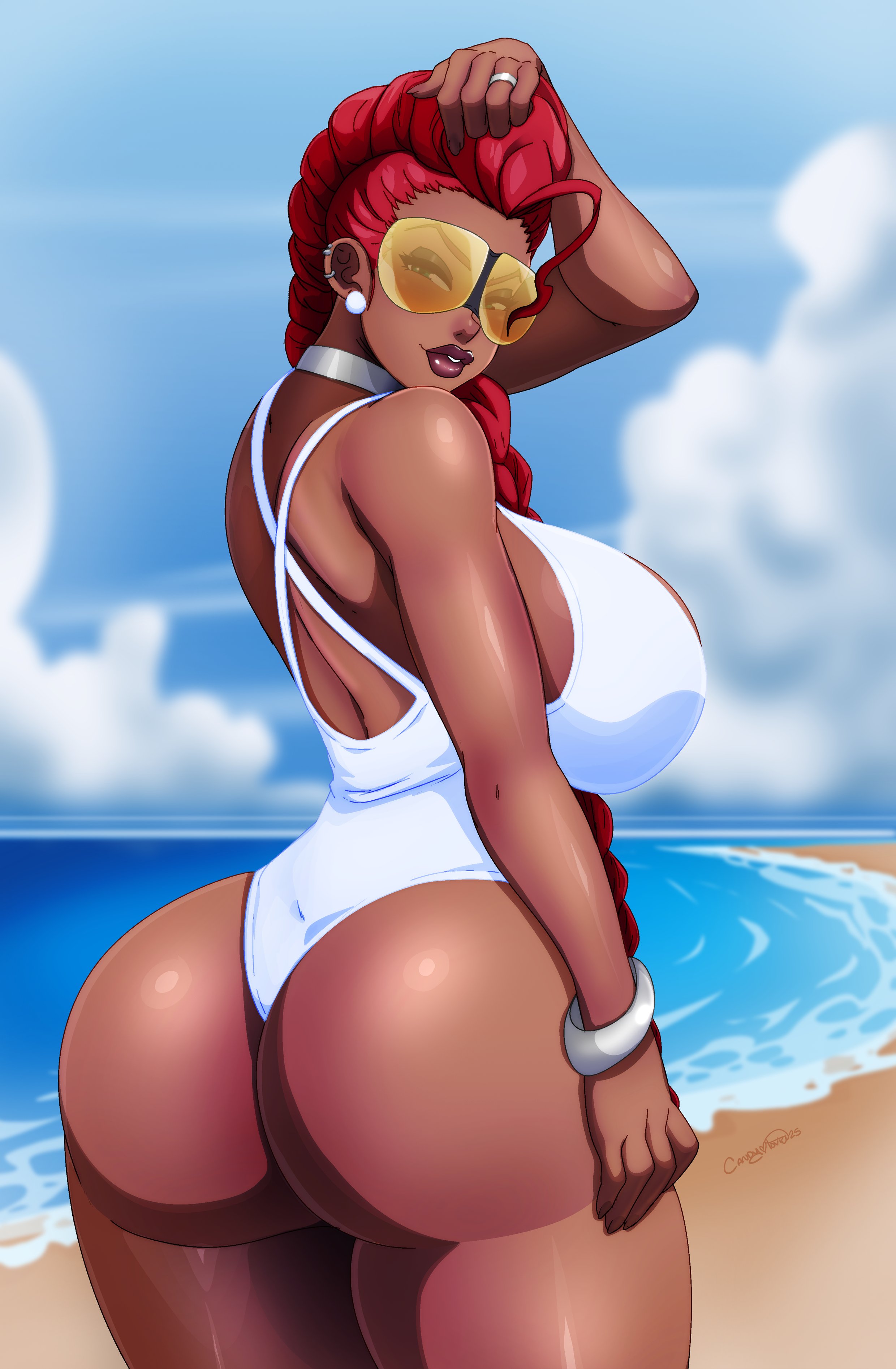 1girls, alternate version available, armwear, ass, beach, big ass, big breasts, bracelet, braided hair, breasts, capcom, crimson viper, dark skin, dark-skinned female, ear piercing, earrings, eyewear, female, female only, green eyes, hair, half-closed eyes, handwear, huge ass, huge breasts, ladycandy2011, lips, looking back, mature, mature female, mature woman, milf, red hair, ring, solo, solo female, street fighter, sunglasses, swimsuit, swimwear, thick lips, tinted eyewear, white swimsuit