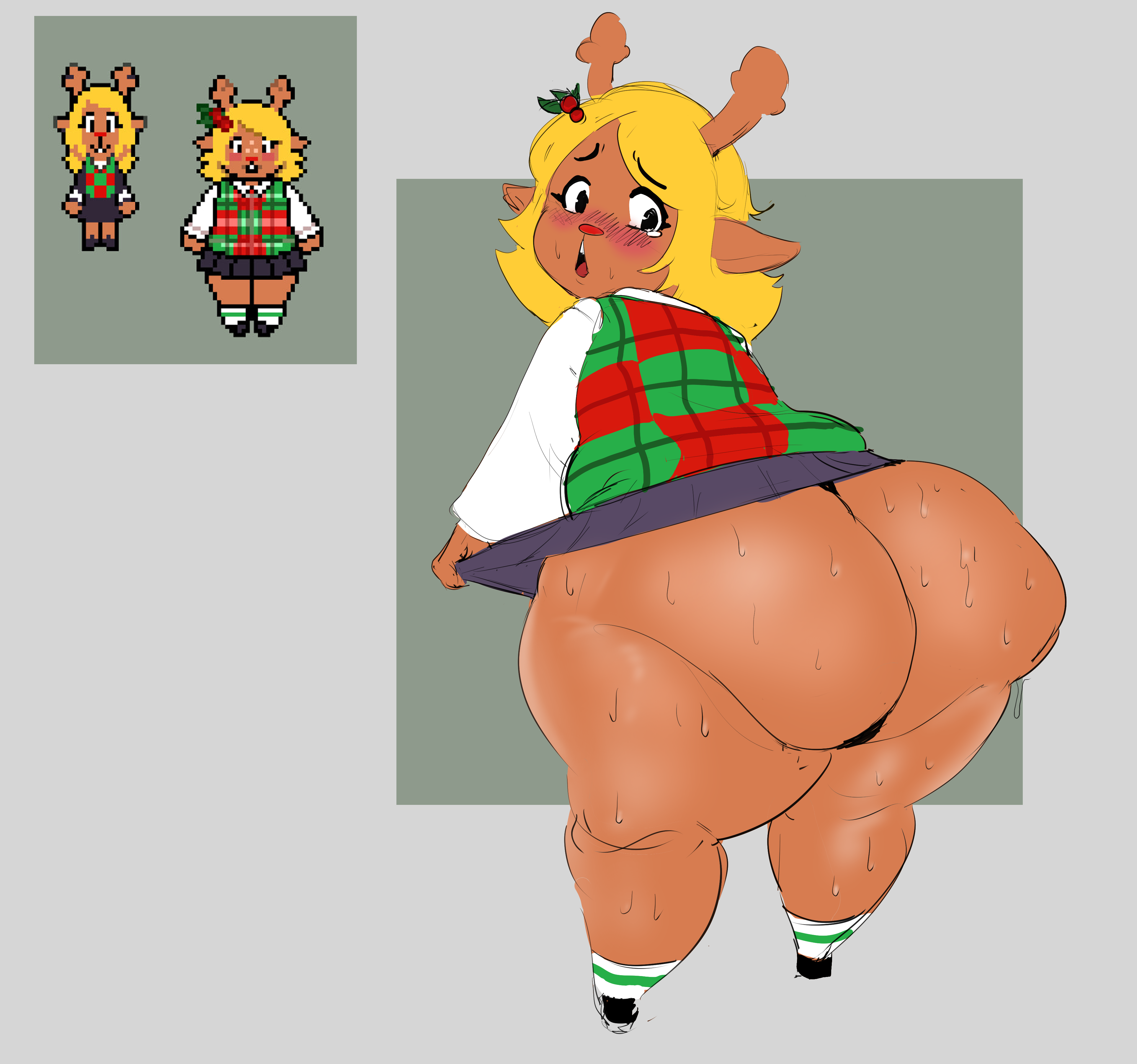 bottom heavy, chubby anthro, chubby female, deltarune, fat, fat ass, female, huge ass, hyper ass, noelle holiday, shiny, solo, sweat, thick thighs, wobblinggut