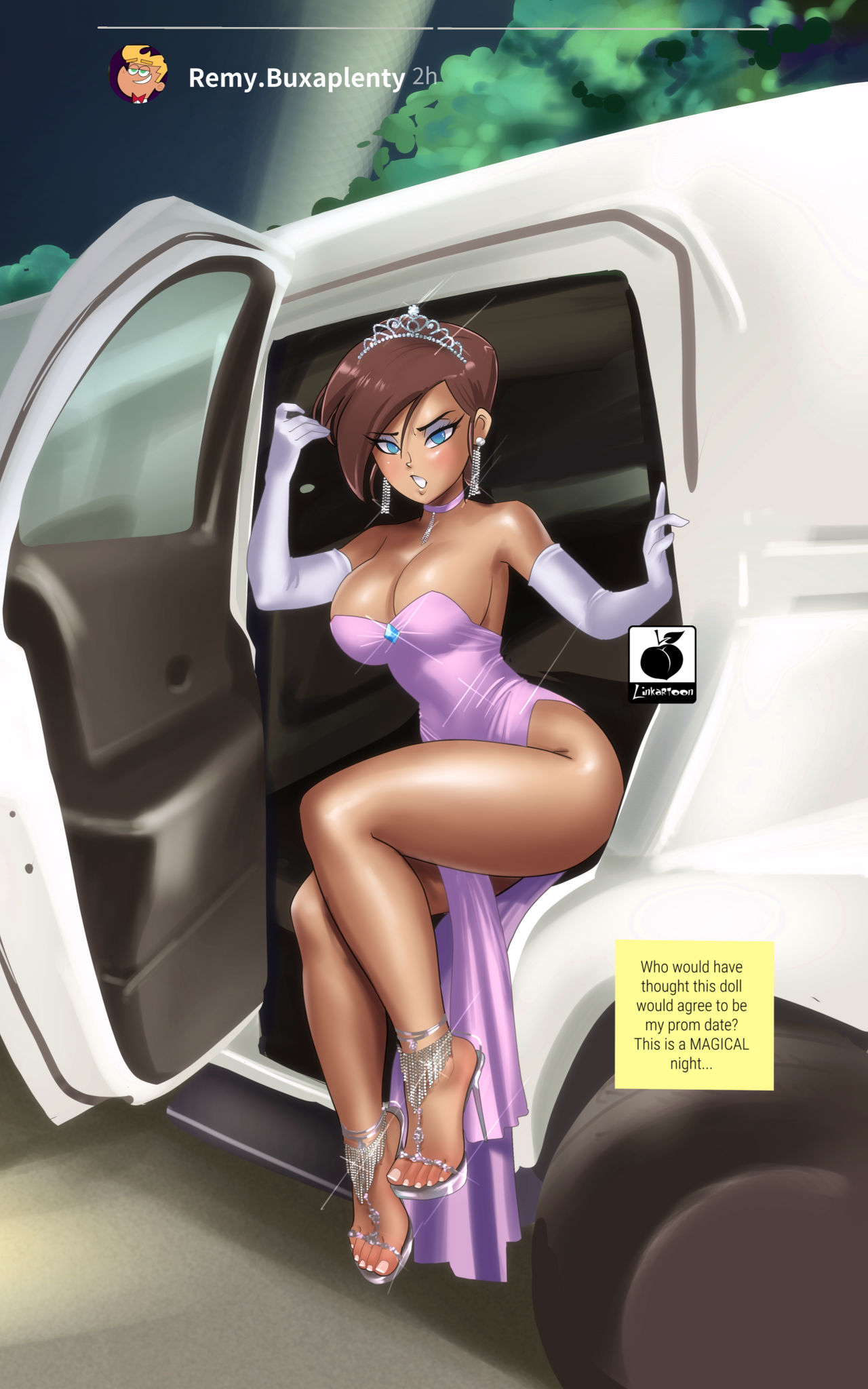 1girls, canon genderswap, captioned, car, earrings, feet, female, genderswap, genderswap (mtf), heels, instagram story, linkartoon, patreon reward, prom, provocative clothing, purple dress, rule 63, sexy dress, slit dress, the fairly oddparents, timantha, timmy turner