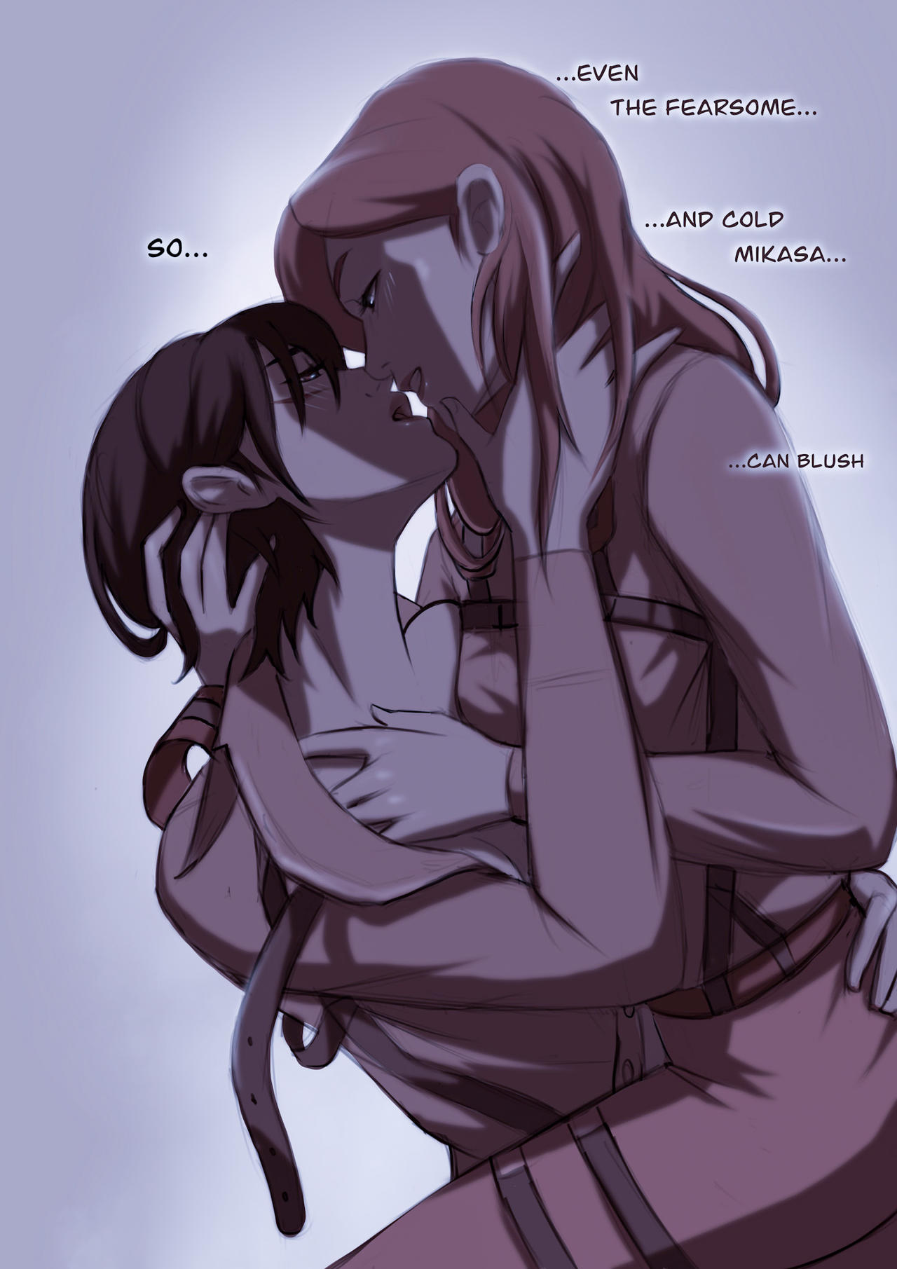 2girls, asian, asian female, attack on titan, black hair, black-haired female, blonde female, blonde hair, blonde-haired female, blush, embrace, embracing, female, female only, female/female, historia reiss, mikasa ackerman, okonomiyaky, shingeki no kyojin, tagme, yuri