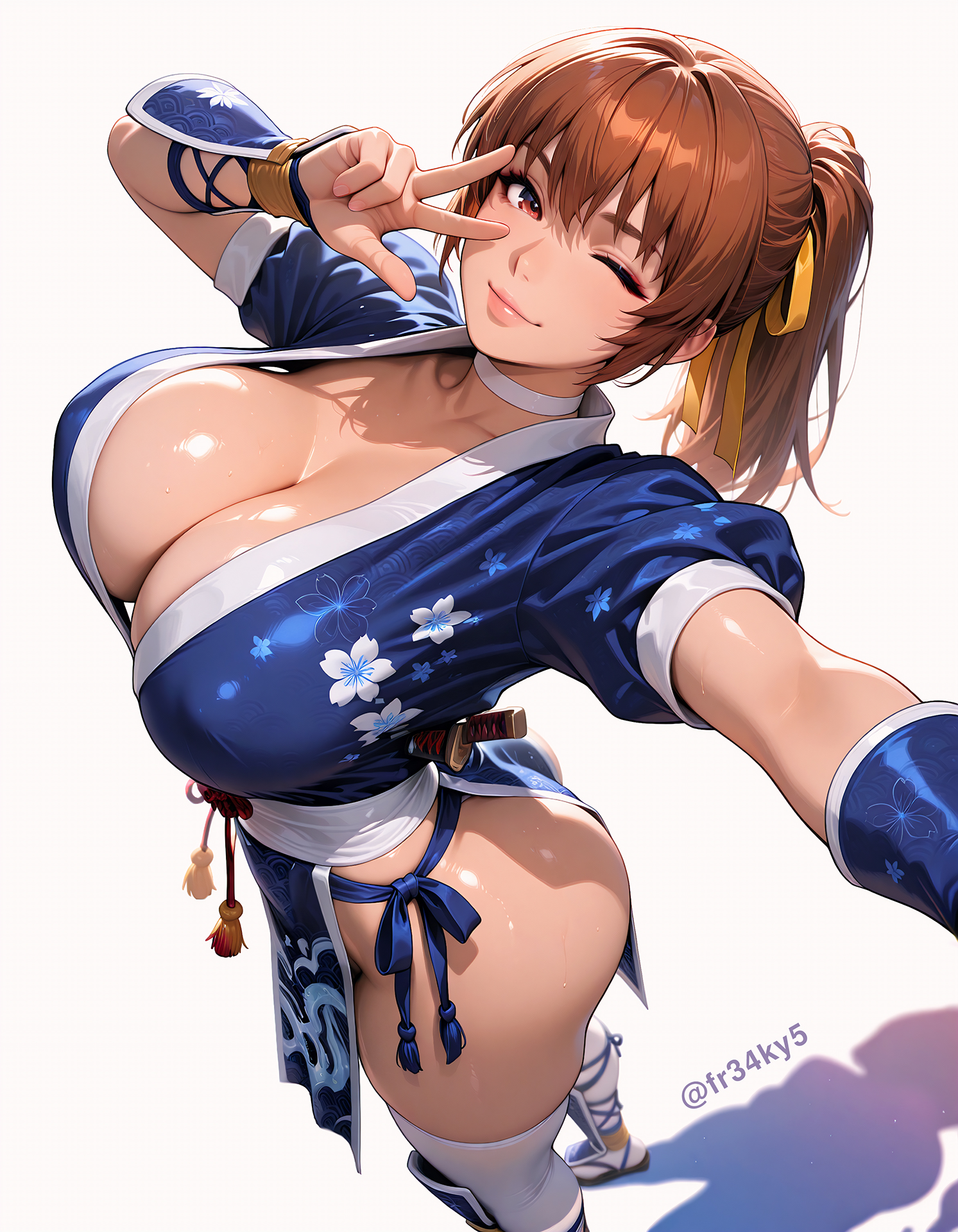 ai generated, breasts, cleavage, dead or alive, female, fighter, fighting game, fr34ky, huge breasts, kasumi (doa), kimono, ninja girl, v sign