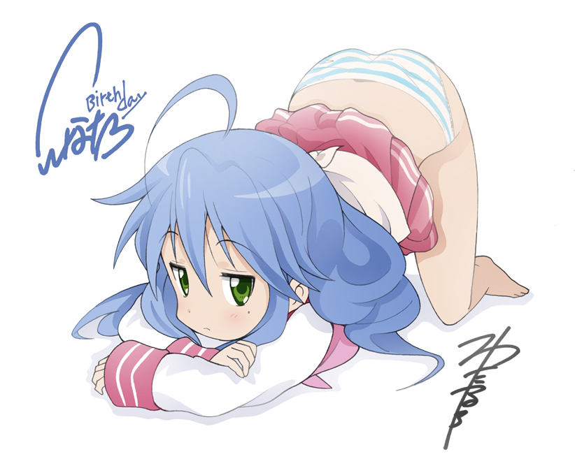 1girls, all fours, ass, ass up, blue hair, blue striped panties, female, green eyes, konata izumi, lucky star, panties, ryouou school uniform, shimapan, simple background, solo, striped panties, underwear