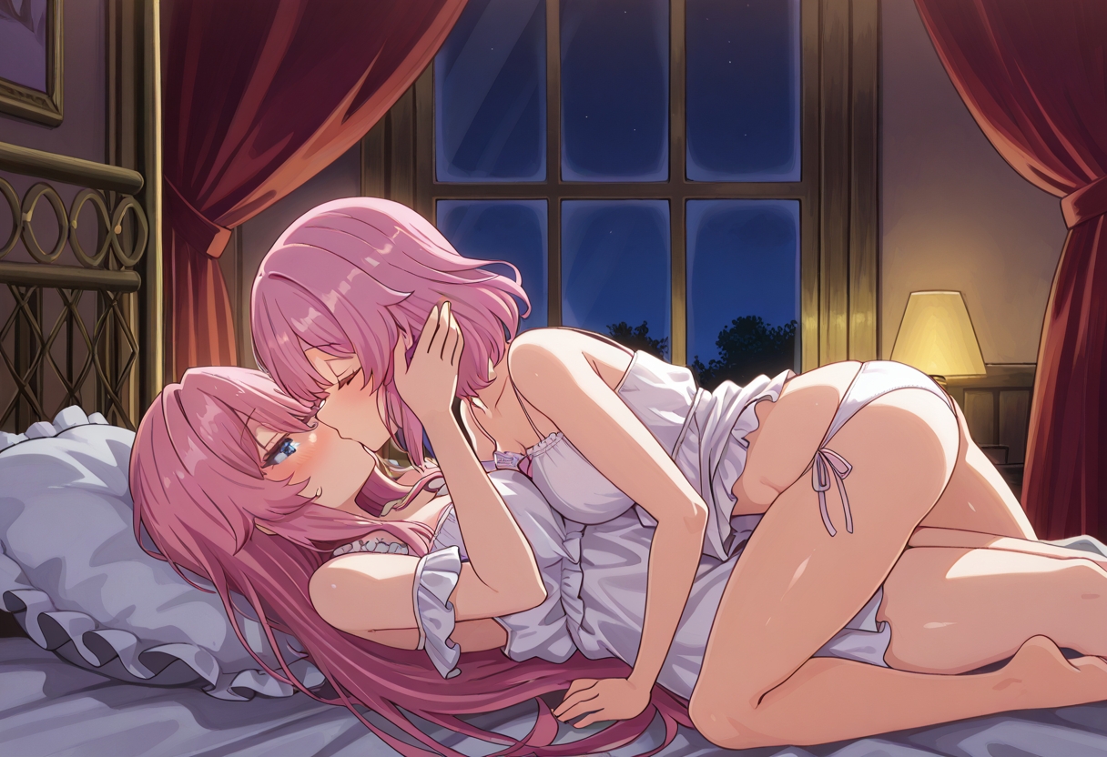 ai generated, bed, female, flare arlgrande jioral, kaifuku jutsushi no yarinaoshi, lesbian kiss, night, norn clatalissa jioral, redo of healer, shiokonbu, shiokonbu art style, sisters, yuri
