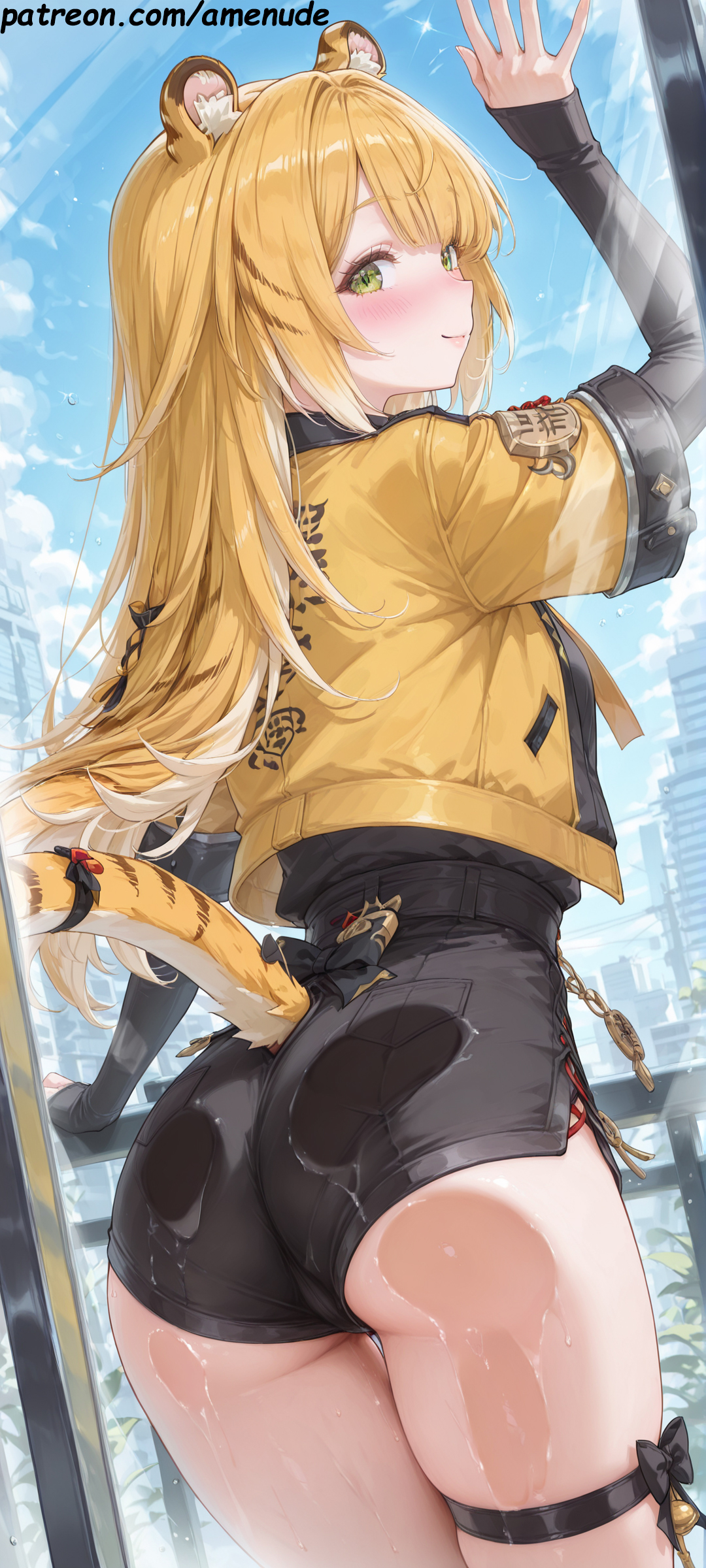 1girls, ai generated, amenude ai, animal ear fluff, animal ears, animal tail, ass, ass on glass, black shorts, blonde hair, blush, female, green eyes, hi res, high quality, jacket, ju fufu, light skin, long hair, long sleeves, looking back, on glass, patreon, phone wallpaper, shorts, tail bow, tiger ears, tiger girl, two-tone hair, watermark, white hair, yellow jacket, zenless zone zero