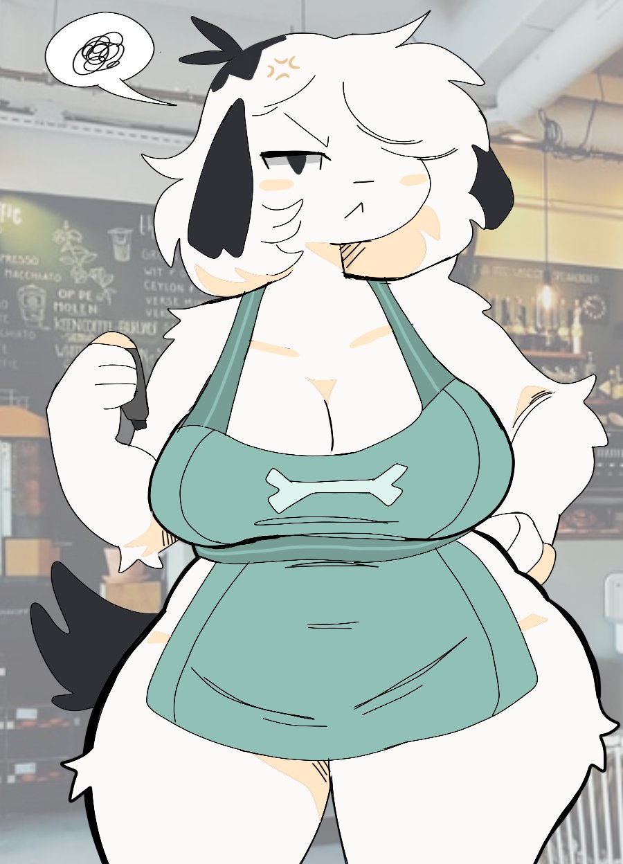 anger_vein anthro big_breasts breasts cafe canid canine canis dog_ears dog_girl dog_tail female fur furry furry_only iced_latte_with_breast_milk looking_at_viewer marker meme pepper_(puppychan) puppychan tail thick_thighs thighs wide_hips