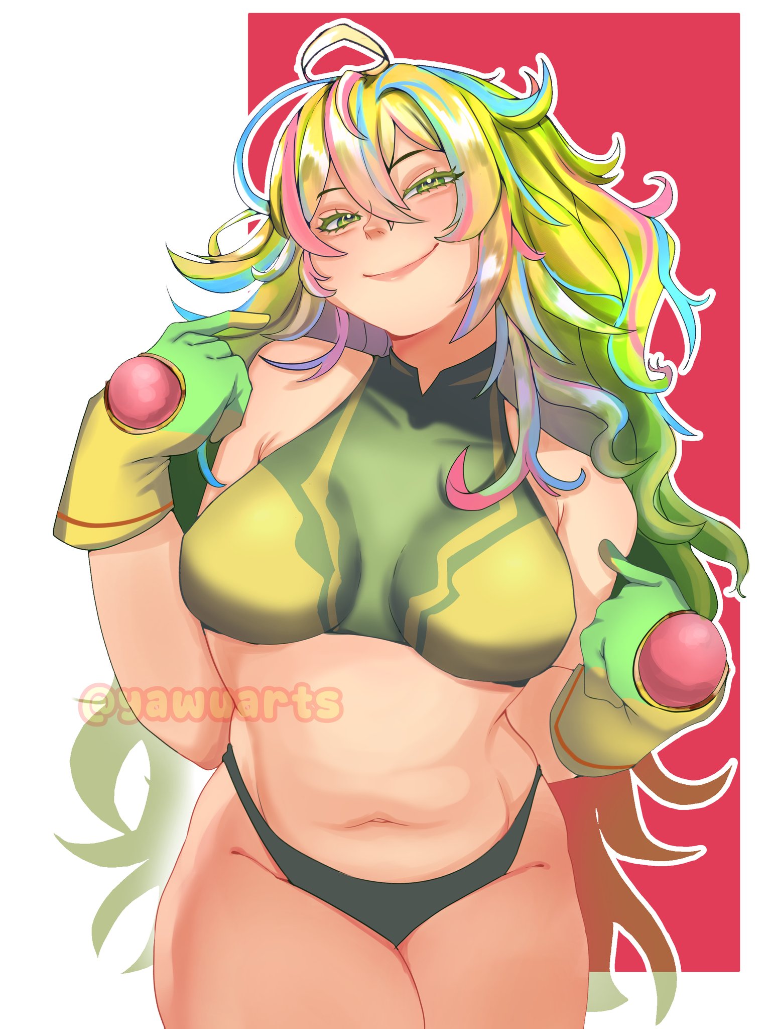 1girls, boku no hero academia, breasts, female, female focus, female only, green eyes, green hair, green-haired female, hi res, large breasts, light skin, light-skinned female, looking at viewer, midriff, my hero academia, my hero academia (finale), post-timeskip, smile, solo, thighs, time skip, tooru hagakure, tooru hagakure (post-timeskip), tooru hagakure (visible), wide hips, yawuarts
