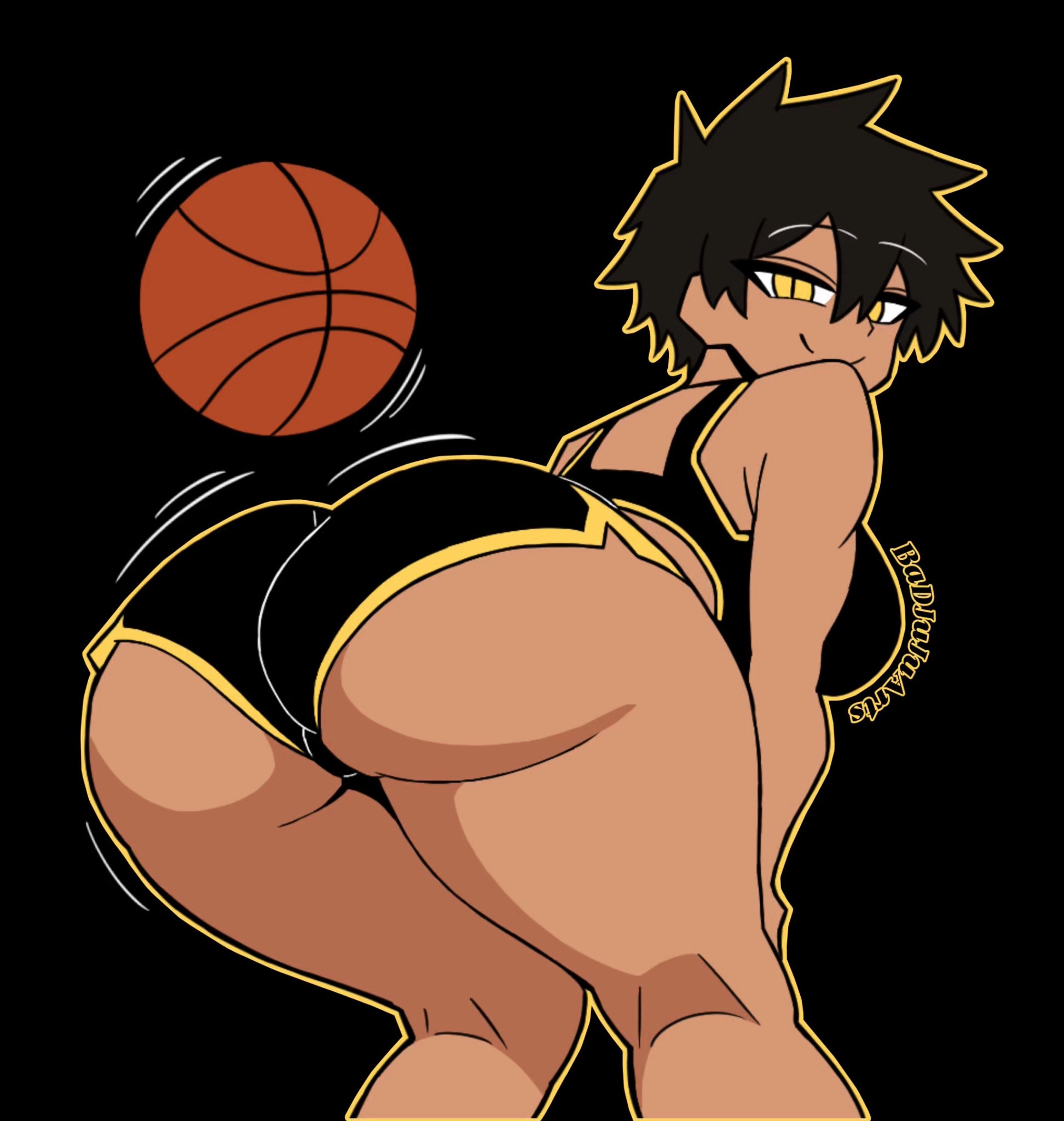 ass, badjujuarts, basketball, bent legs, bent over, black hair, breasts, dark skin, dark-skinned female, dolphin shorts, female, gym clothes, huge ass, huge breasts, kurobe natsumi, senpai ga uzai kouhai no hanashi, shaking ass, shaking butt, short hair, smile, smiling, smiling at viewer, smug, smug face, tagme, tanned, tanned female, thick ass, thick thighs, tomboy, yellow eyes