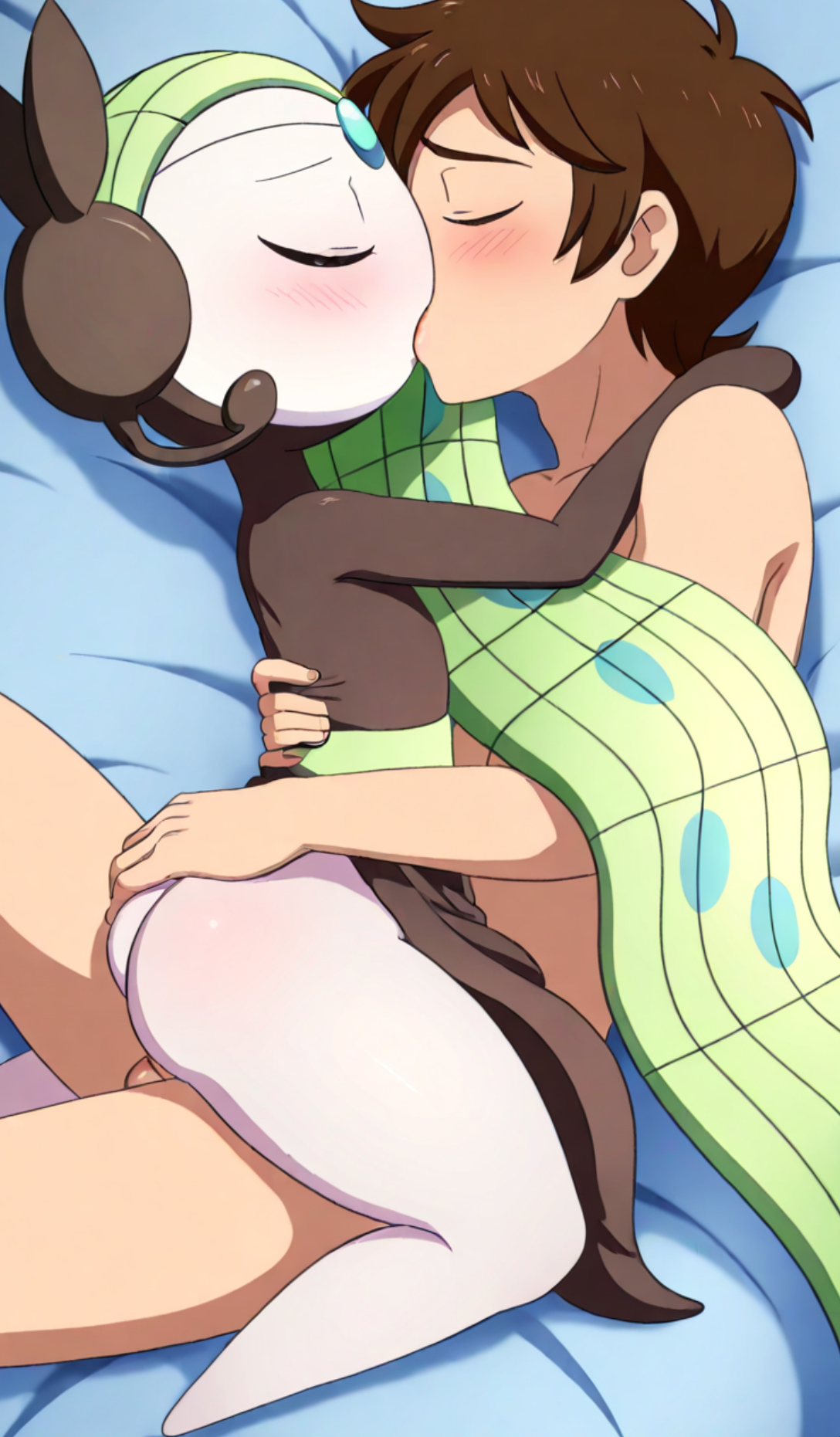 1boy, 1girls, ai generated, aunovaguy, bedroom, female, french kiss, grabbing ass, happy sex, interspecies, kissing, male, male human/female humanoid, male human/female pokemon, male/female, meloetta, meloetta (aria form), mythical pokemon, passionate, passionate kiss, passionate sex, pokemon, pokemon (species), pokephilia, teenager, wholesome