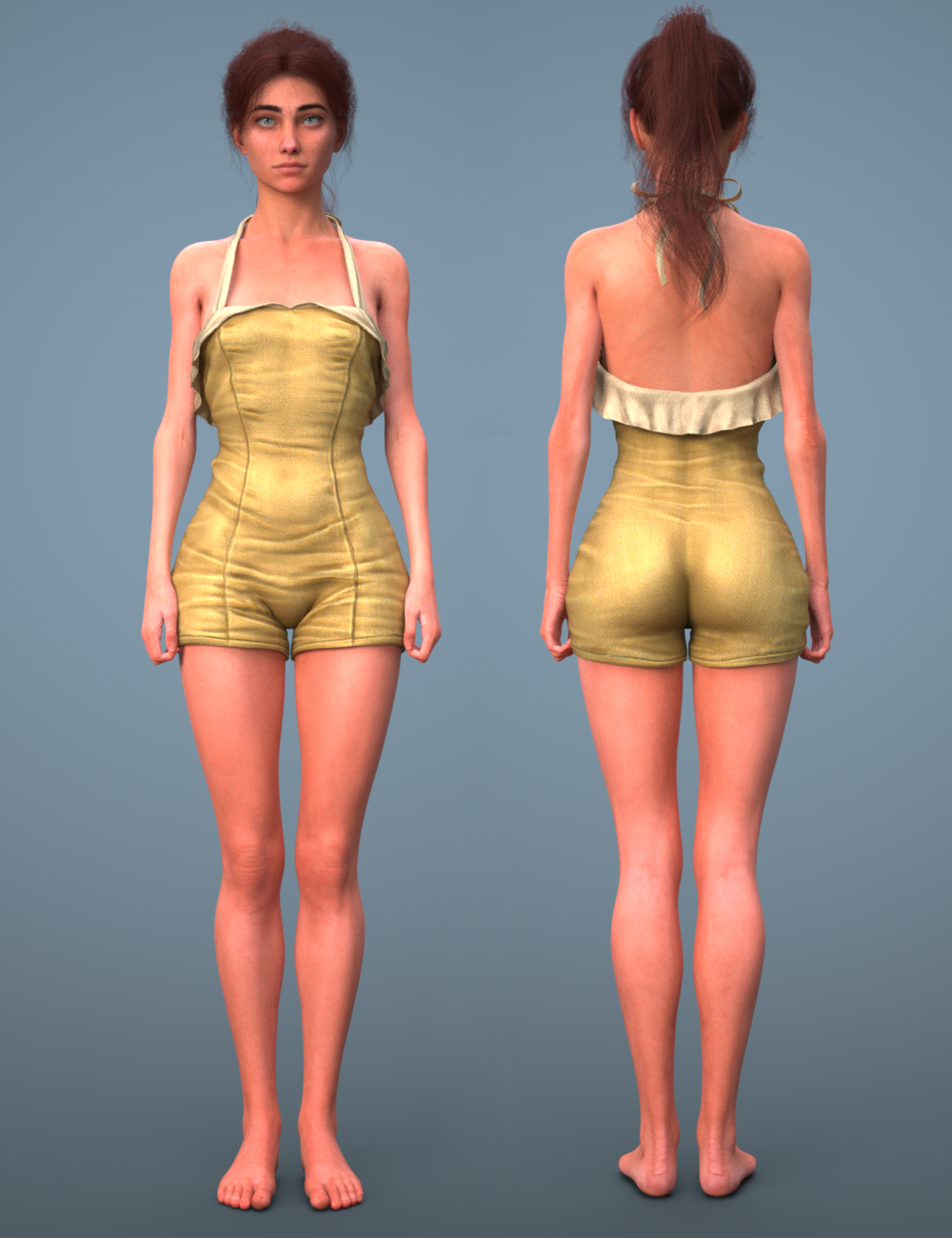 1girls, 3d, ass, back view, blue eyes, bubble ass, bubble butt, clair obscur: expedition 33, female, female only, freckles, full body, light skin, light-skinned female, maelle (clair obscur: expedition 33), model, red hair, solo, solo female, stormlux18, swimsuit