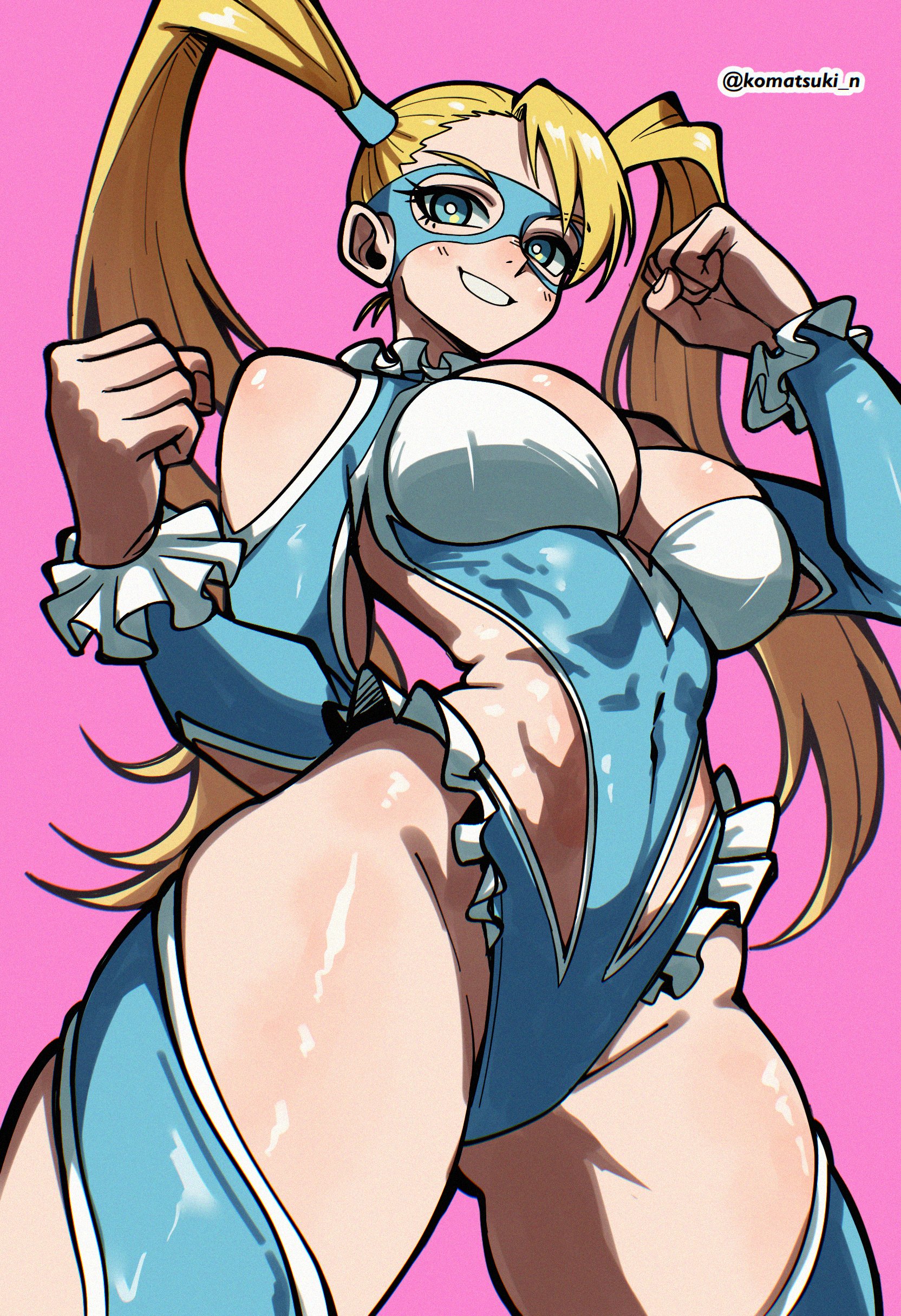 bare shoulders, blonde hair, blue eyes, blue leotard, blush, breasts, cleavage, clenched hands, clothing, clothing cutout, covered navel, domino mask, female, female only, frills, grin, hair pulled back, highleg, highleg leotard, komatsuki n, large breasts, legwear, leotard, long hair, looking at viewer, mask, muscular, muscular female, navel, rainbow mika, shiny skin, shoulder cutout, smile, solo, standing, street fighter, teeth, thick thighs, thighhighs, thighs, twintails, wrestling outfit