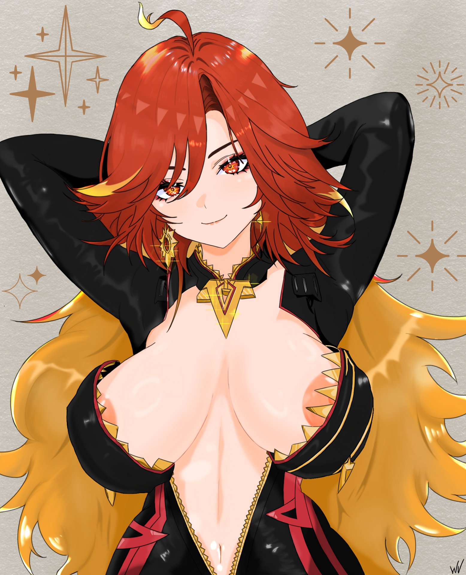 ass, big ass, big breasts, big butt, big nipples, big thighs, big titties, breasts, clothing, covered nipples, curvaceous, curvaceous female, curvaceous figure, curvy, curvy figure, curvy hips, female, female only, fully clothed, genshin impact, long hair, looking at viewer, mavuika (genshin impact), mihoyo, nipples, red hair, waifuviolenta