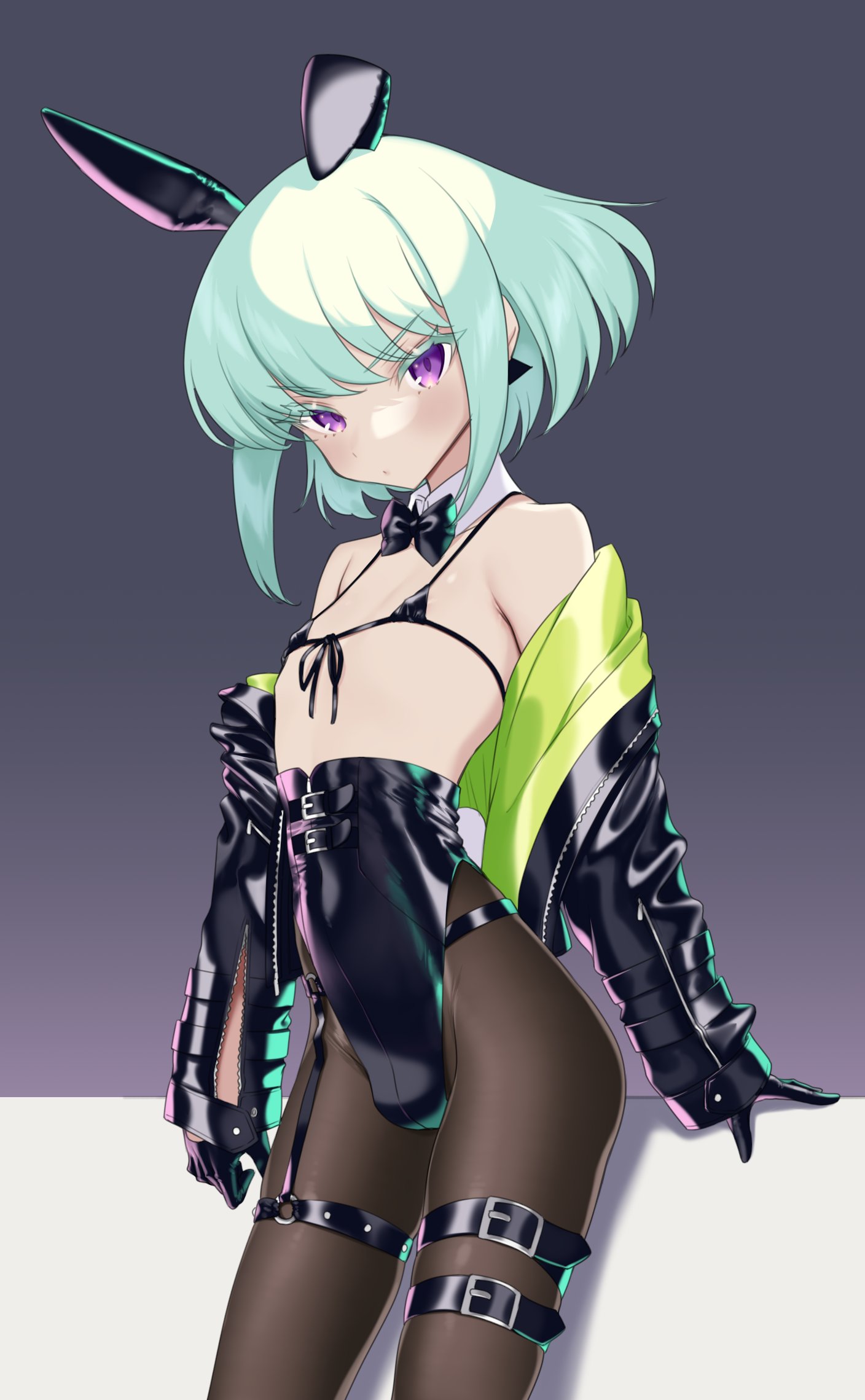 androgynous, bikini, bikini top, bulge, bunny ears, burrrntlemon, crossdressing, femboy, lio fotia, looking at viewer, male, promare, twink