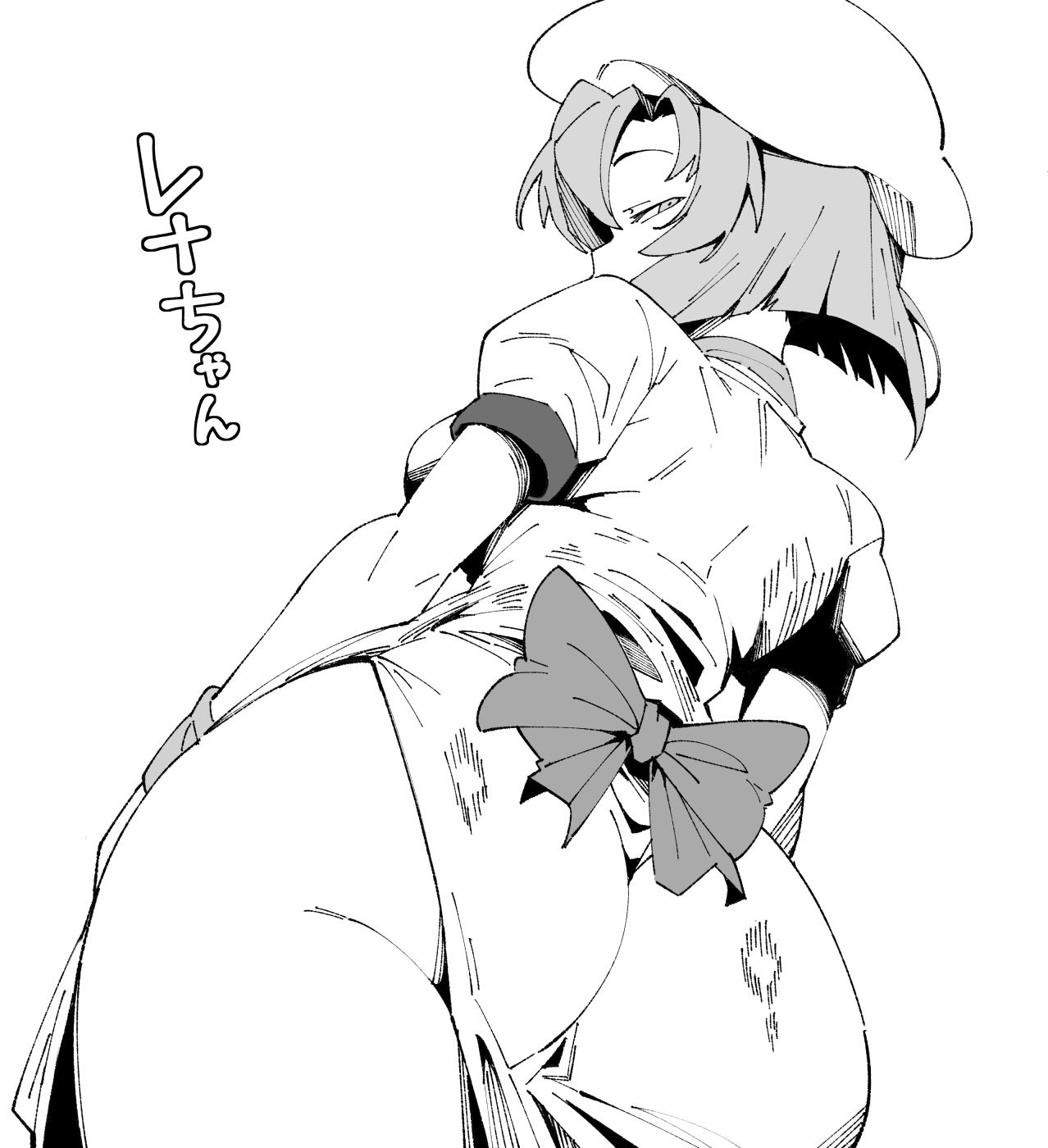 1girls, ass, beret, big ass, breasts, character name, fat ass, female, from below, half-closed eyes, hat, henyaan (oreizm), highres, higurashi no naku koro ni, huge ass, japanese text, large breasts, legs, looking at viewer, looking back, pose, posing, ryuuguu rena, seductive, seductive look, sensual, sexy, sexy pose, short hair, sideboob, solo, thick thighs, thighs, translated, voluptuous