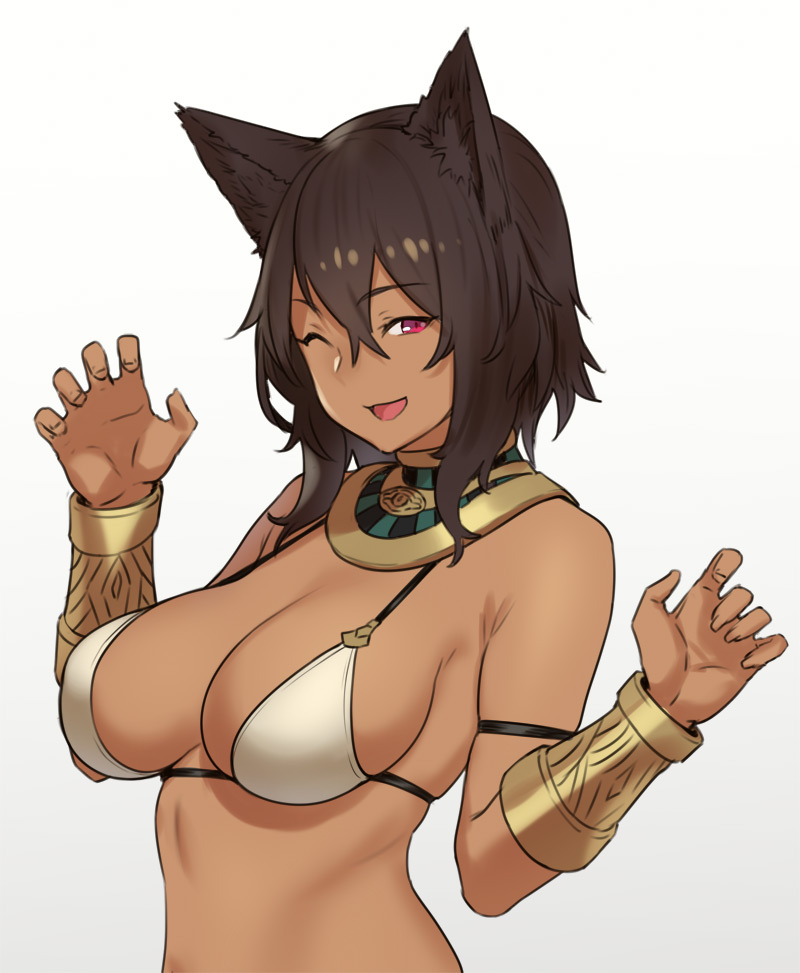1girls, animal ears, bare shoulders, bastet (houtengeki), bikini, bracelet, breasts, brown hair, cat ears, choker, cleavage, dark skin, dark-skinned female, egyptian, female, female only, houtengeki, large breasts, midriff, pink eyes, short hair, sideboob, solo, source request, wink