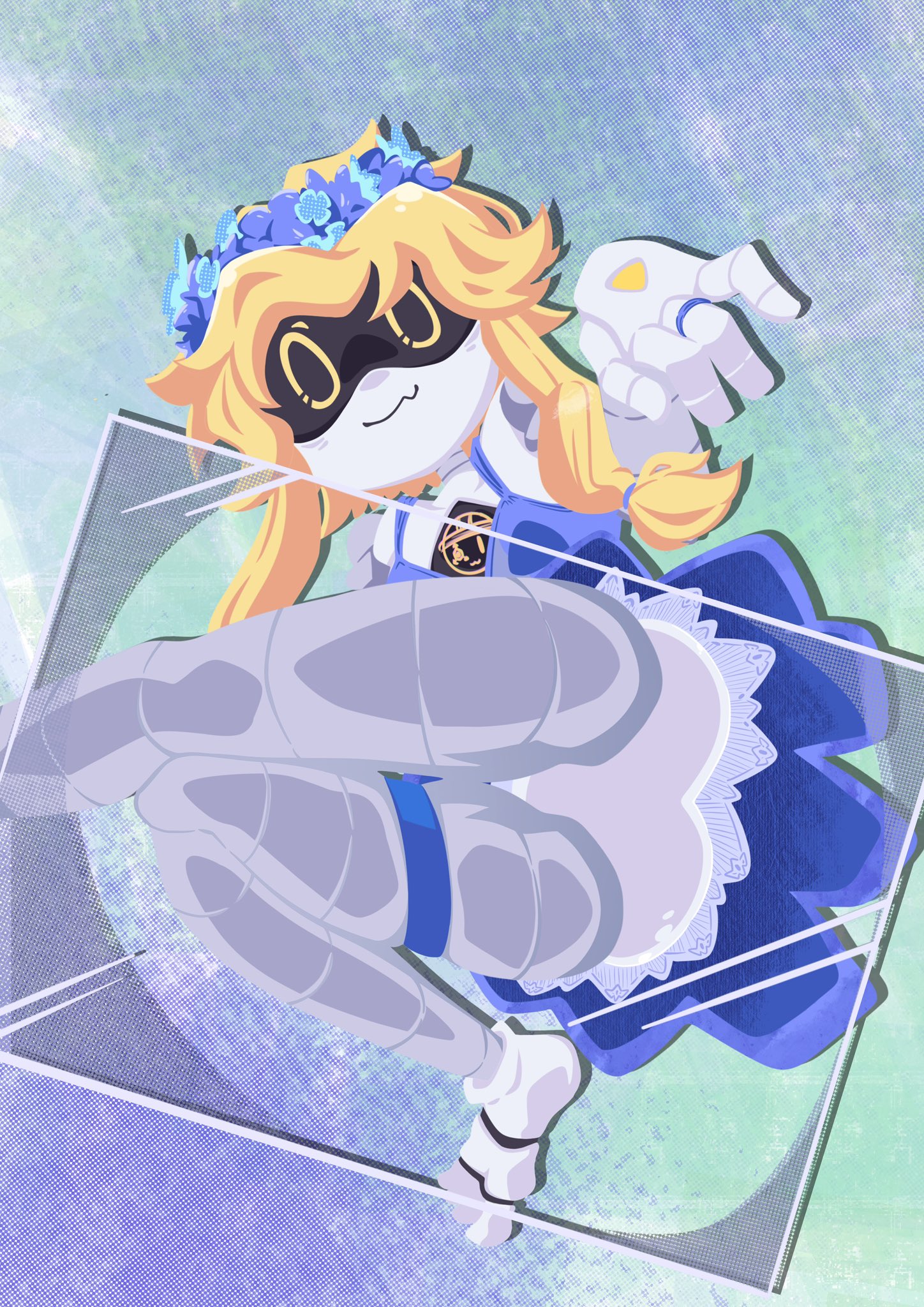 1girls, blonde hair, blue dress, cyn (murder drones), dress, female, female only, garter, linjian71143812, murder drones, no shoes, pantyshot, robot girl, tagme, underwear, upward angle, white socks, white underwear