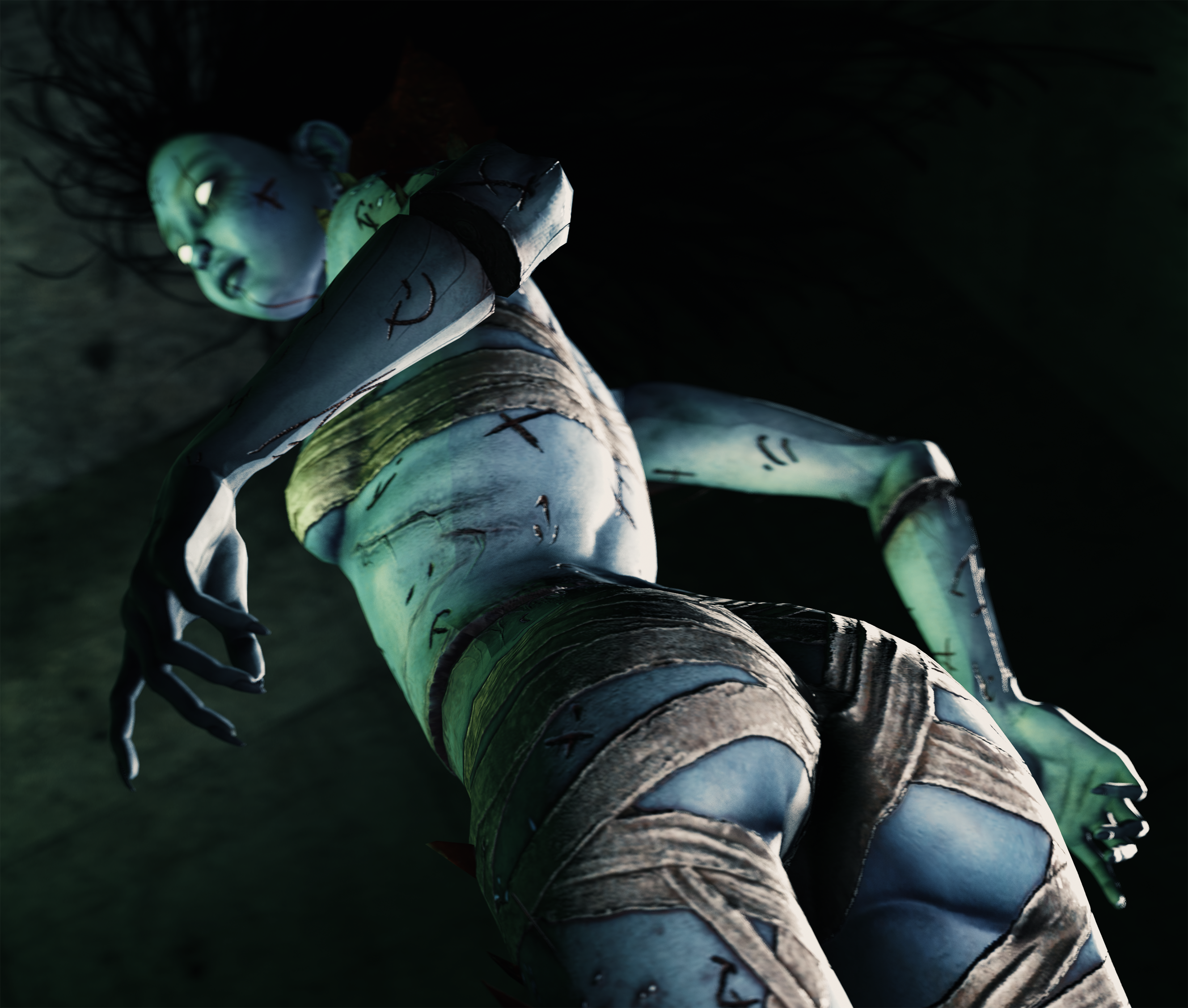 3d, 3d model, amputee, ass, bandages, dead by daylight, dismemberment, female, ghost girl, glowing eyes, jssfmcontent, model, sarashi, scarred, scars, the spirit (dead by daylight), undead, white eyes