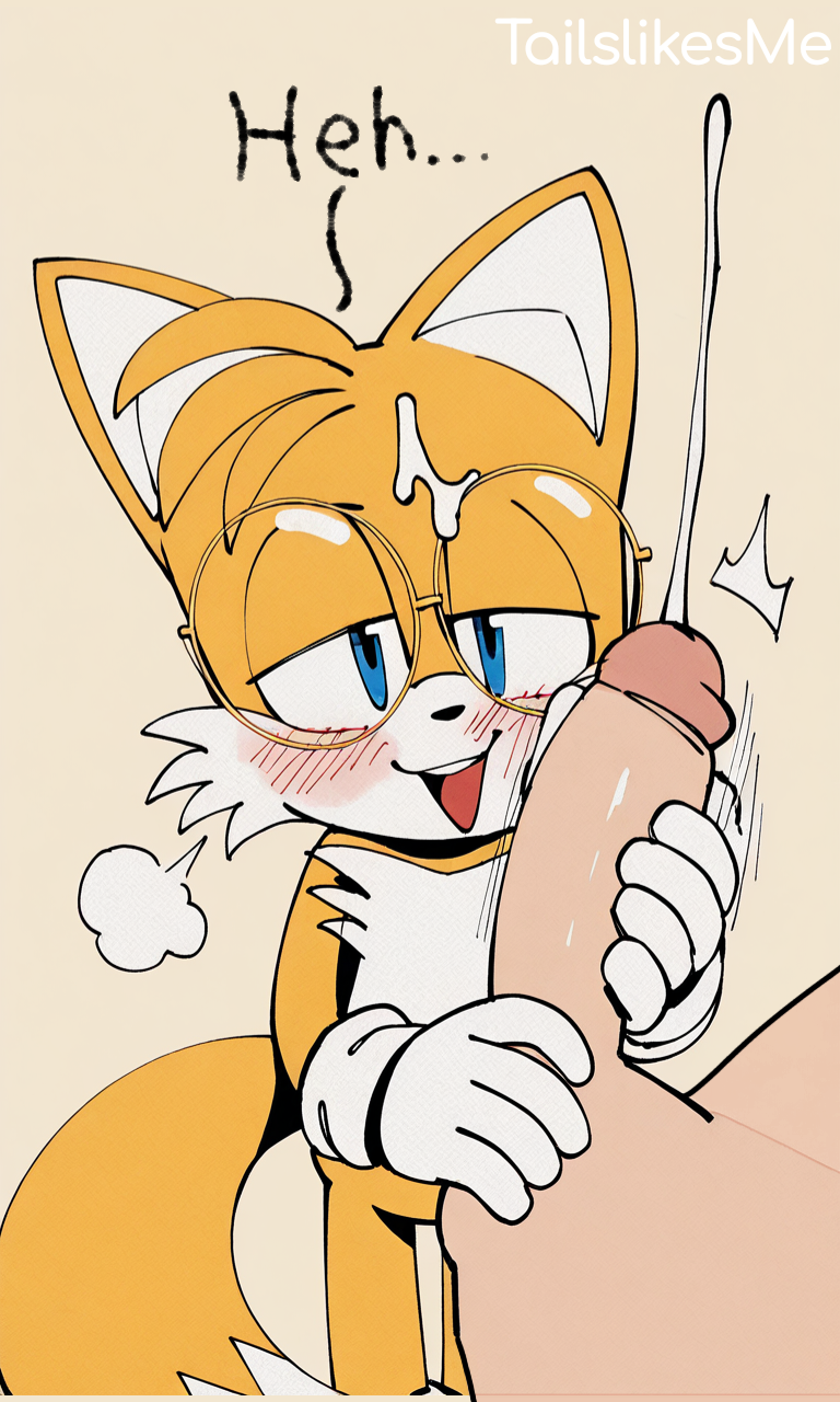 :3, 2boys, 2d, ai generated, anthro, blush, cute, furry, gay, glasses, handjob, human on anthro, male focus, male only, miles prower, miles tails prower, pov, silly, sketch, smile, smug, solo, sonic (series), sonic the hedgehog (series), tails, tails the fox