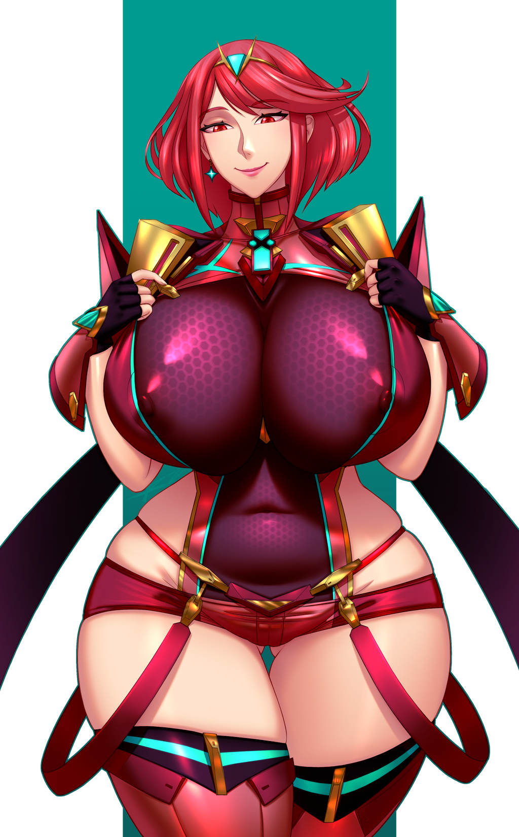 1girls alpha_channel areolae big_breasts bodysuit breasts cameltoe clothed curvy erect_nipples eyelashes female female_only fingerless_gloves flashing full_cleavage gloves half-closed_eyes hourglass_figure huge_ass huge_breasts human lipstick looking_at_viewer matching_hair/eyes medium_hair navel nintendo nipple_bulge nipples nipples_visible_through_clothing presenting_breasts pyra raidouzero red_eyes red_hair see-through shorts shoulder_pads smile solo straps suspenders thick_thighs thigh_gap thighhighs tiara transparent_background venus_body wasp_waist wide_hips xenoblade_(series) xenoblade_chronicles_2