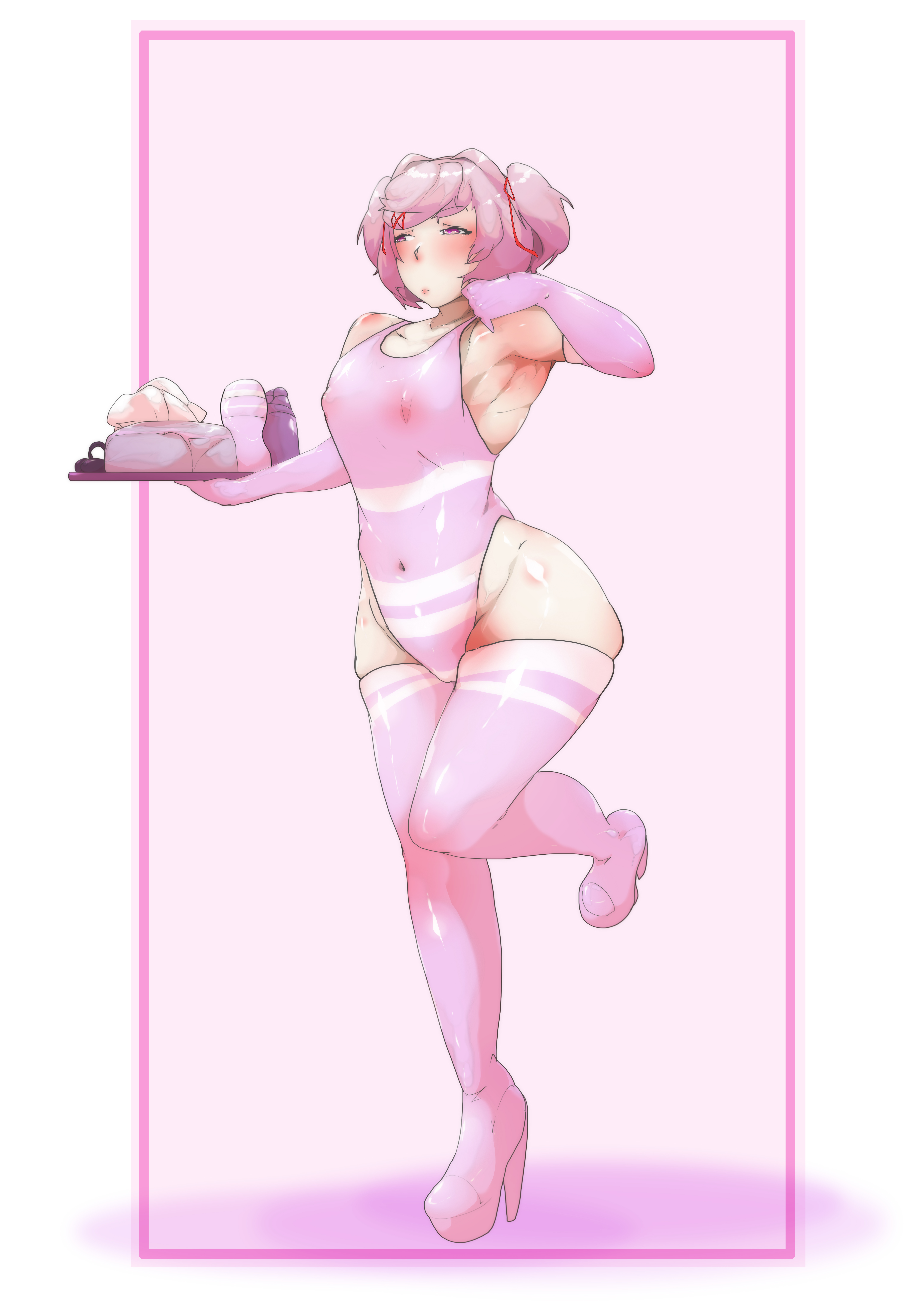 1girls, aryawhatuask, blush, doki doki literature club, natsuki (doki doki literature club), small breasts, tenga, tenga outfit