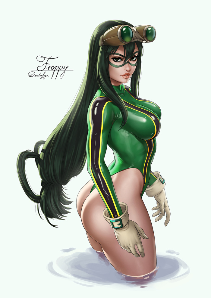 1girls, ass, breasts, dandon fuga, female, female only, gloves, goggles, green eyes, green hair, green-haired female, hero outfit (mha), leotard, long hair, my hero academia, side view, skin tight, tsuyu asui, water