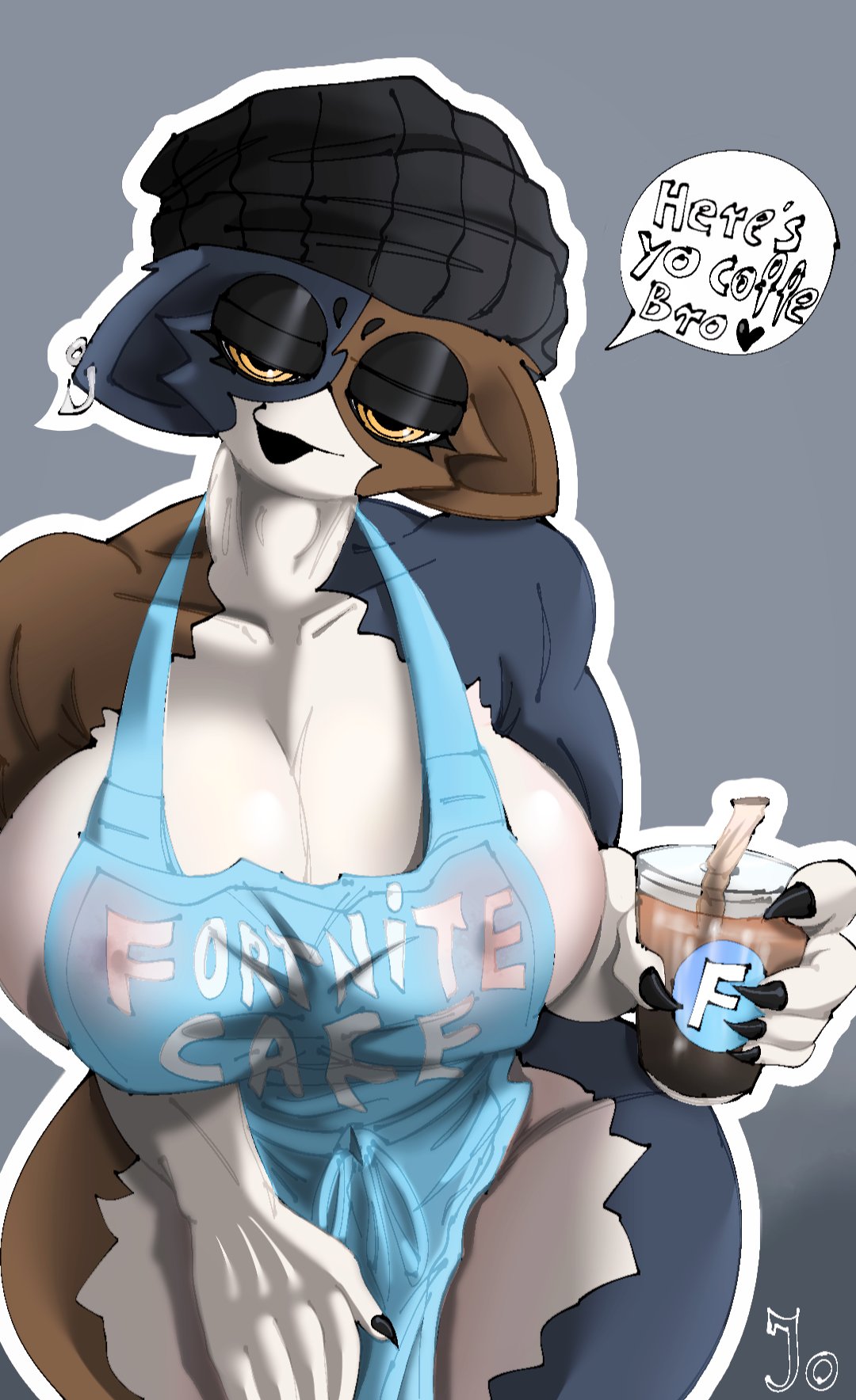 anthro, anthro only, apron, apron only, areolae visible through clothing, barista, cafe, fortnite, holding drink, implied breast milk, meow skulls (fortnite), naked apron, starbucks, what do i type