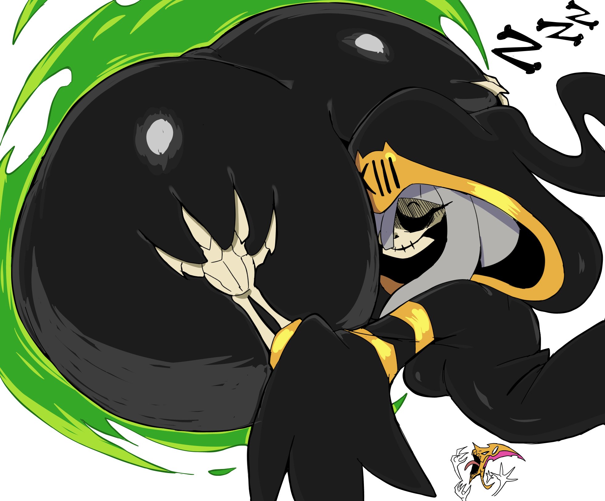 1ambiguous, 2025, 2d, 2d (artwork), ambiguous focus, ambiguous gender, ass, ass focus, big ass, big butt, bottom heavy, breasts, bubble butt, clothed, clothing, color, colored, comic, comic panel, cyberlord1109, death (cyberlord1109), digital drawing (artwork), digital media (artwork), eyes closed, fat ass, fat butt, glistening, glistening ass, glistening butt, glitchlord8391, grabbing, grabbing ass, grabbing butt, grabbing own ass, grabbing own butt, grey hair, huge ass, huge butt, massive ass, massive butt, portal, project: grand regalia, scythe, skeleton, sleeping, sleeping on ass, thick ass, thick butt, tongue, tongue out, voluptuous, voluptuous ass, zzz
