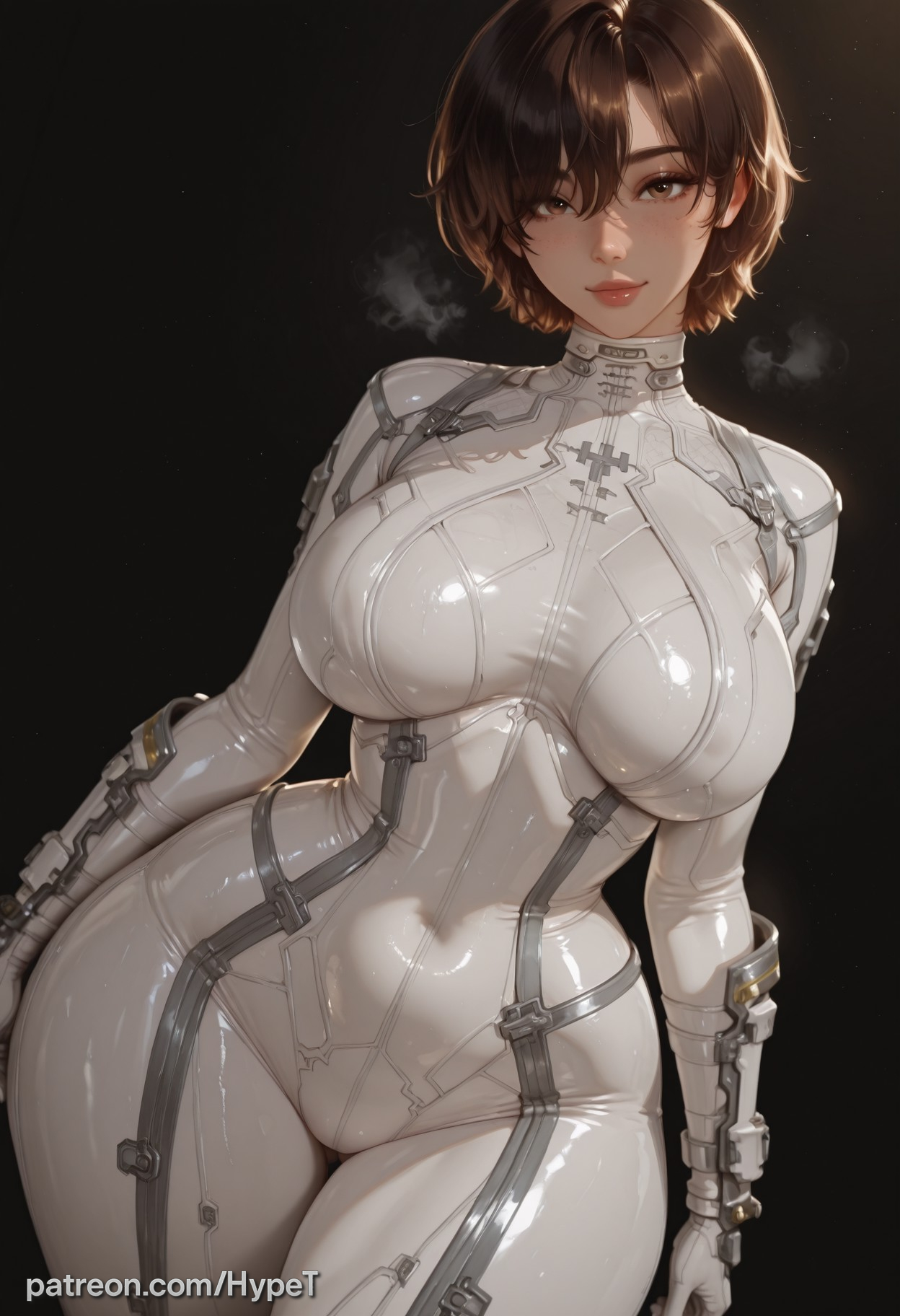 1girls, ai generated, big breasts, bodysuit, broad hips, clothing, evie (stellar blade), hair covering eye, handwear, human, hypet, pale skin, pear shaped female, plugsuit, shift up, short hair, skintight, skintight clothing, stellar blade, stellar blade: blood rain, tagme, thick thighs, thunder thighs, tight clothing, tomboy, wide hips