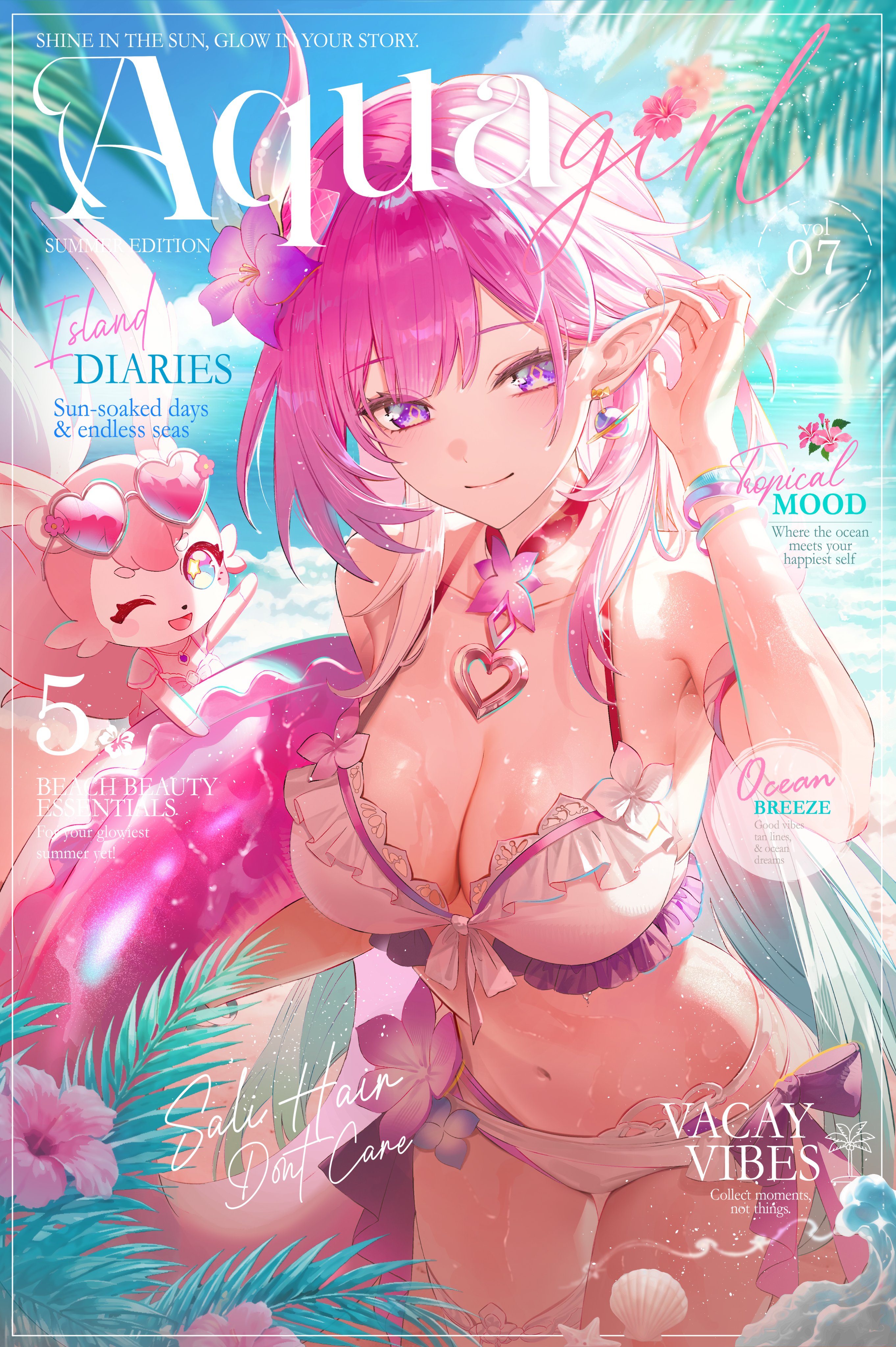1girls, beach, big breasts, bikini, breasts, breasts out, cyrene (demiurge) (honkai: star rail), cyrene (honkai: star rail), cyrene (ripples of past reverie) (honkai: star rail), english text, exposed breasts, female, honkai (series), honkai: star rail, hoyoverse, large breasts, long hair, magazine cover, mem (honkai: star rail), mihoyo, pink hair, purple eyes, small animal, swimsuit, white bikini, white swimsuit