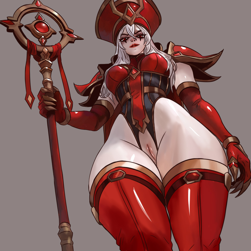 artlongon, bottomless, brat, dommy mommy, exposed pussy, female, femdom, gloves, half naked, half nude, hat, large breasts, looking at viewer, partially armored, pussy, red eyes, red gloves, red hat, red thighhighs, sally whitemane, solo, staff, thick thighs, thighhighs, viewed from below, wet pussy, white hair, wide hips, world of warcraft, worm's-eye view