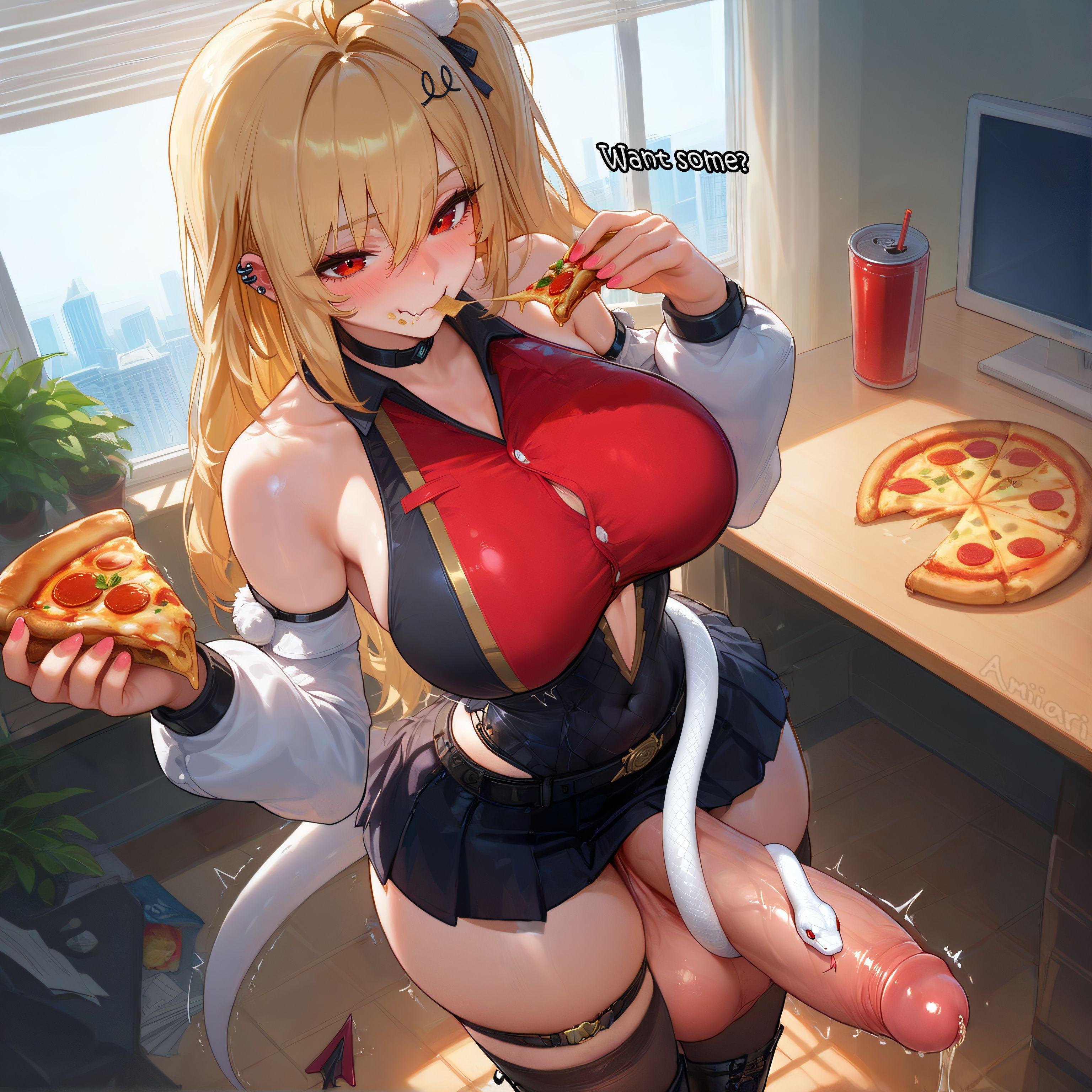 :s, 1futa, absurdres, ai generated, amiiari, animal, bangs, bare shoulders, belt, big breasts, big penis, black choker, black footwear, black leotard, black skirt, blonde hair, blush, boots, breasts, bubble tea, burger, can, cheese, chewing, choker, cissia (zenless zone zero), cleavage, closed mouth, collarbone, covered collarbone, covered navel, cowboy shot, crop top, crumbs, crumbs on face, cup, demon girl, demon tail, detached sleeves, disposable cup, drink, drinking straw, dripping, dripping penis, dripping precum, ear piercing, earrings, eating, eating pizza, erection, eyebrows visible through hair, food, from above, futanari, hair between eyes, hair intakes, hair ornament, hair ribbon, hairclip, heart, highleg, holding, holding cup, holding food, holding pizza, indoors, large breasts, large penis, leg garter, leotard, long hair, long penis, long sleeves, looking at viewer, massive penis, miniskirt, mole on breast, mole on thigh, navel, navel piercing, offering, offering food, offering to viewer, one side up, penis, penis to the knees, piercing, pizza, pleated skirt, precum, precum drip, precum string, red eyes, red nails, red shirt, shirt, side ponytail, sidelocks, skindentation, skirt, sleeveless, smile, snake, snake girl, soda can, solo, standing, tail, testicles, thick thighs, thigh boots, thigh strap, thighhighs, thighs, tight shirt, tomato, veins, veiny penis, very long hair, voluptuous, wavy hair, wrapped penis, zenless zone zero, zettai ryouiki
