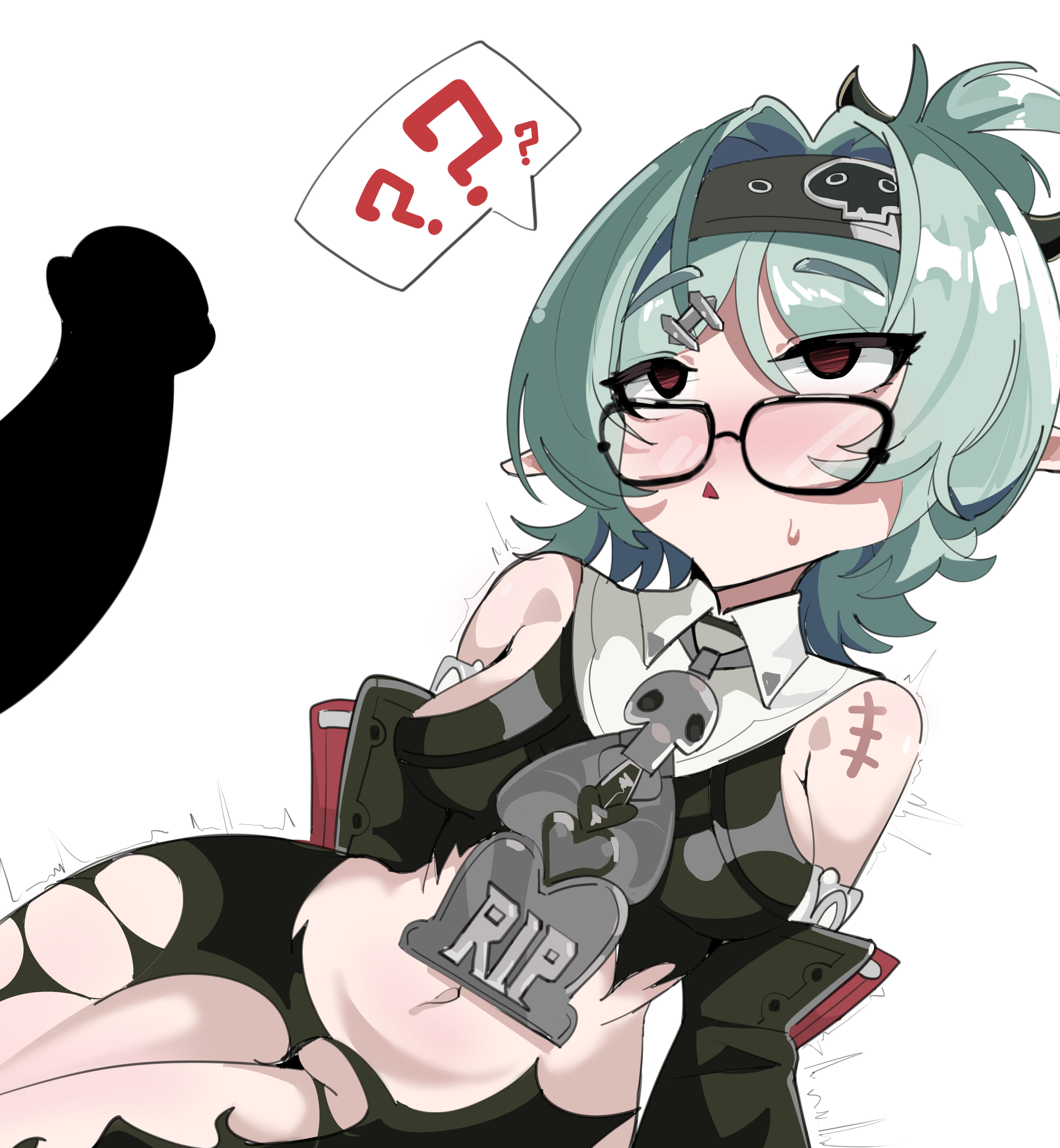 ?, ???, 1boy, 1girls, artist request, blush, confused, female, glasses, green hair, hoyoverse, male, midriff, mihoyo, navel, pale skin, pale-skinned female, ripped clothing, rolling eyes, roxy (zenless zone zero), roxy ifrita pryce, short hair, silhouette, simple background, sweat, torn clothes, white background, zenless zone zero