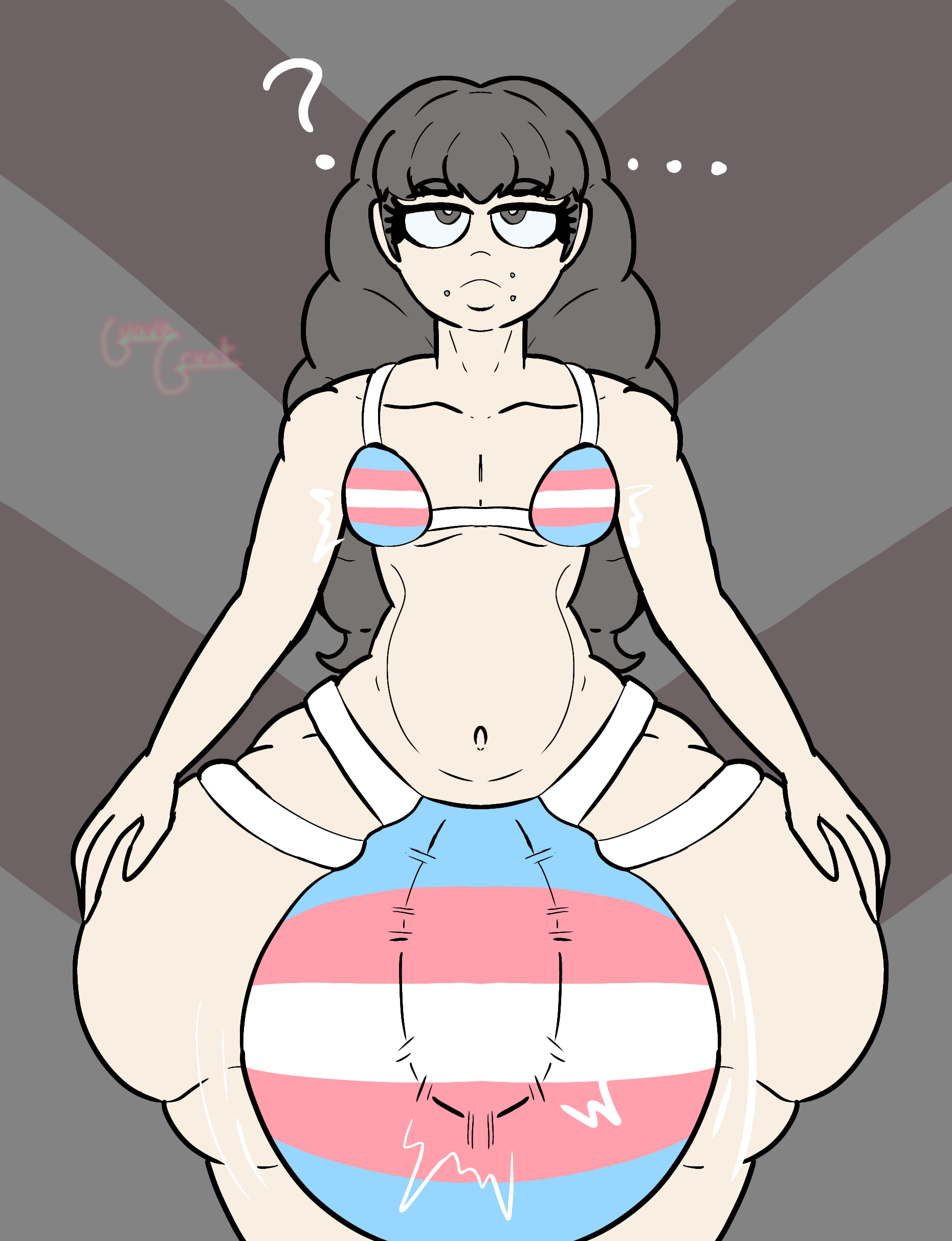 2d, before transformation, big ass, big balls, big penis, bikini, brown eyes, brown hair, bulge, bulge through clothing, fear and hunger, fear and hunger: termina, guavagrunt, hands on thighs, huge ass, huge balls, huge cock, long hair, looking at viewer, marina (fear and hunger), mostly nude, piercing, sfx, simple background, standing, thick thighs, thighs, trans woman, transgender, transgender flag, transgender pride colors, transgender woman, writing