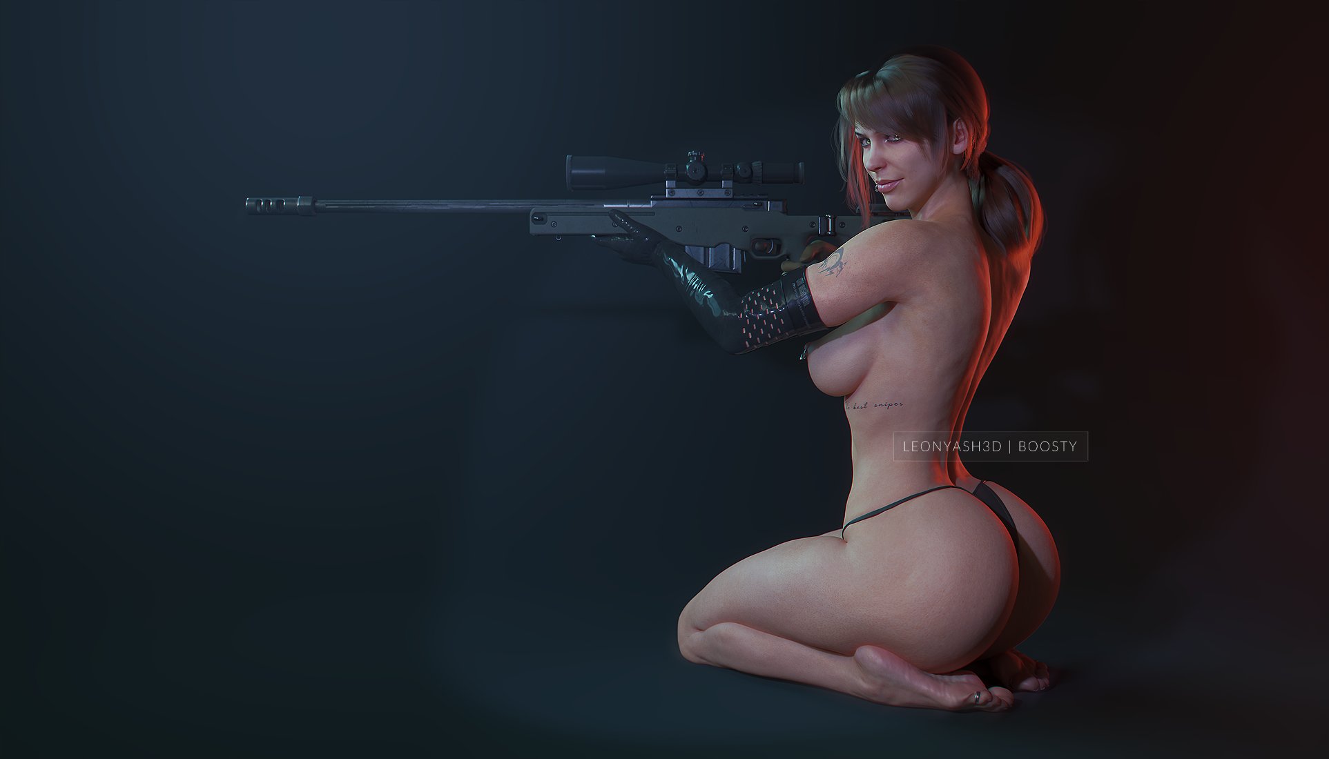 1girls, 2026, 3d, areolae, ass, awp, barefoot, big breasts, breasts, brown hair, dark blue background, elbow gloves, eyeshadow, feet, female, female only, full body, gigantic ass, gloves, green eyes, holding gun, holding object, holding rifle, holding weapon, knowing look, leonyash3d, lip piercing, lipstick, long hair, looking at viewer, mascara, metal gear solid, metal gear solid v, mismatched gloves, nipple piercing, nipples, pierced nipples, piercing, pink lipstick, quiet (metal gear), rifle, shoulder tattoo, simple background, sitting, sitting on feet, sitting on ground, smile, sniper rifle, soles, solo, tattoo, tattoos, thong, thong only, thong panties, tied hair, toe ring, toes, topless, topless female, underboob tattoo, wrinkled feet, wrinkled soles