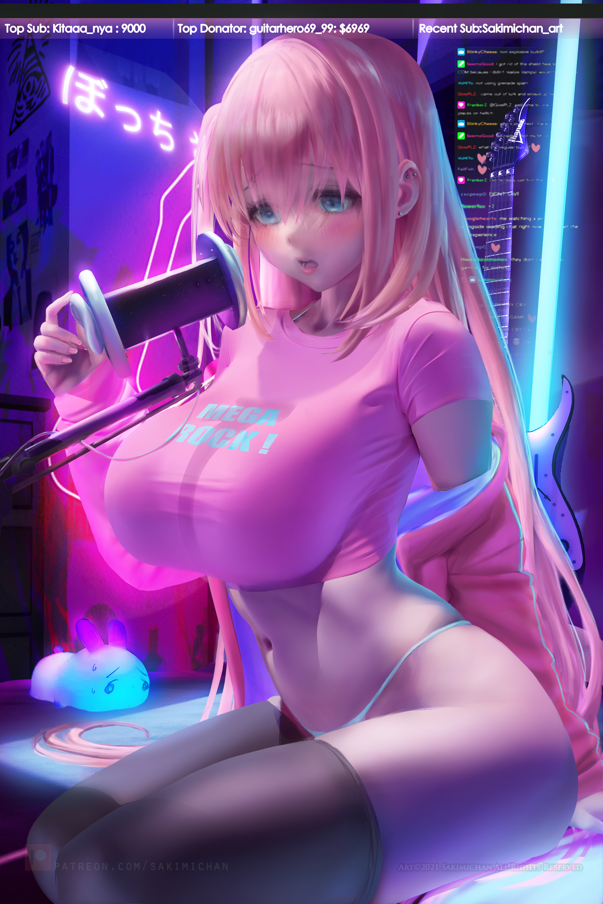 1girls, asmr, asmr microphone, big breasts, blue eyes, blush, blushing, bocchi the rock!, breasts, chat, crop top, curvaceous, curvy, curvy figure, ear piercing, female, female only, gotou hitori, guitar, hi res, hourglass figure, huge breasts, indoors, jacket, jacket open, japanese text, livestream, long hair, microphone, nail polish, painted nails, panties, pink clothing, pink hair, plushie, sakimichan, solo, streaming, thighhighs, thighs, thong, twitch, twitch chat, very long hair