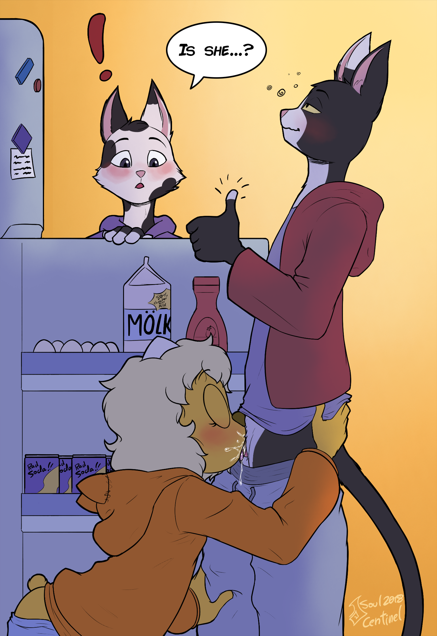 2018, adventure time, anthro, barry cat, blonde hair, blush, bronwyn, canine, cartoon network, clothing, condom, deepthroat, drooling, erection, eyes closed, feline, fellatio, female, hair, hidden, kitchen, male, mammal, messy, mike cat, oral, oral penetration, oral sex, penetration, penis, saliva, shy, slim female, soulcentinel, straight, sucking, text, tongue