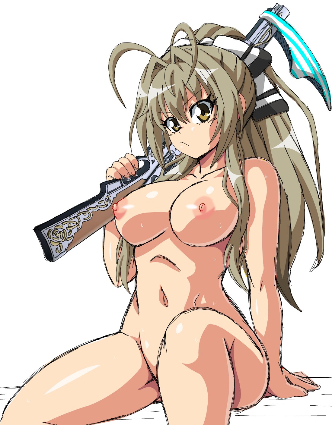 1girls, amagi brilliant park, antenna hair, arm support, breasts, brown eyes, brown hair, female, female only, gun, lewdamone, long hair, looking at viewer, nipples, nude, panties, rifle, sento isuzu, solo, striped, striped panties, sweat, weapon, wide hips