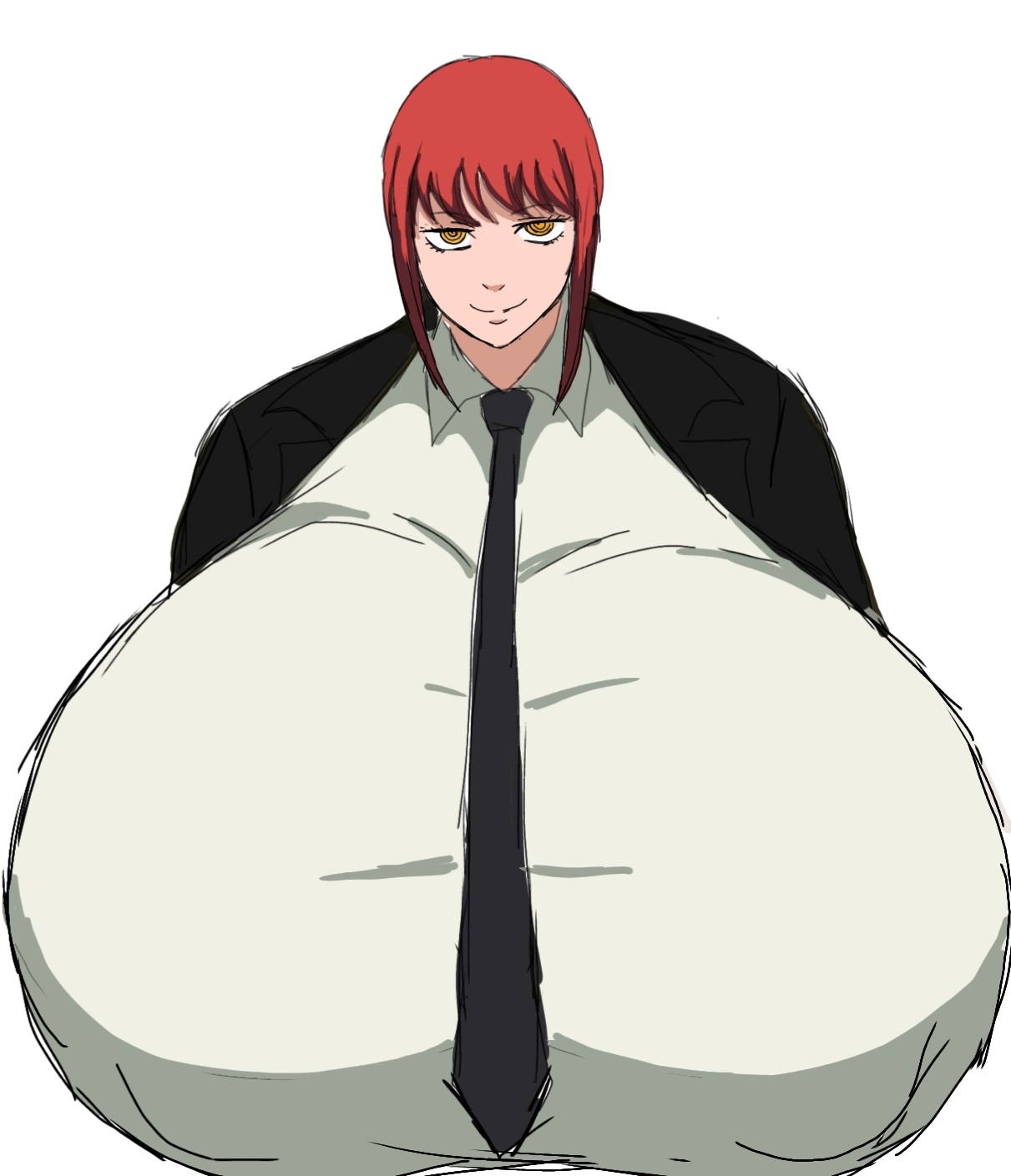1girls, 2d, 2d (artwork), alternate breast size, big breasts, breasts, breasts bigger than head, chainsaw man, clothed, creepy smile, devil, digital media (artwork), enormous breasts, female, female focus, female only, hyper breasts, large breasts, makima (chainsaw man), momiji (artist), red hair, red hair female, smile, solo, solo female, solo focus, white background, yellow eyes