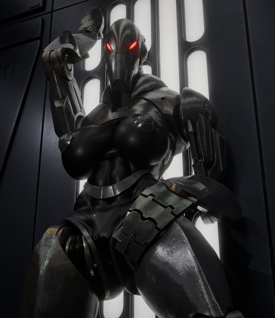 1girls, 2026, 3d, 3d (artwork), 3d render, b2 super battle droid, battle droid, black body, breasts, breasts out, droid (star wars), female, female only, nipples, red eyes, robot, robot girl, robot joints, solo, solo female, soundpunk501, star wars, thick thighs