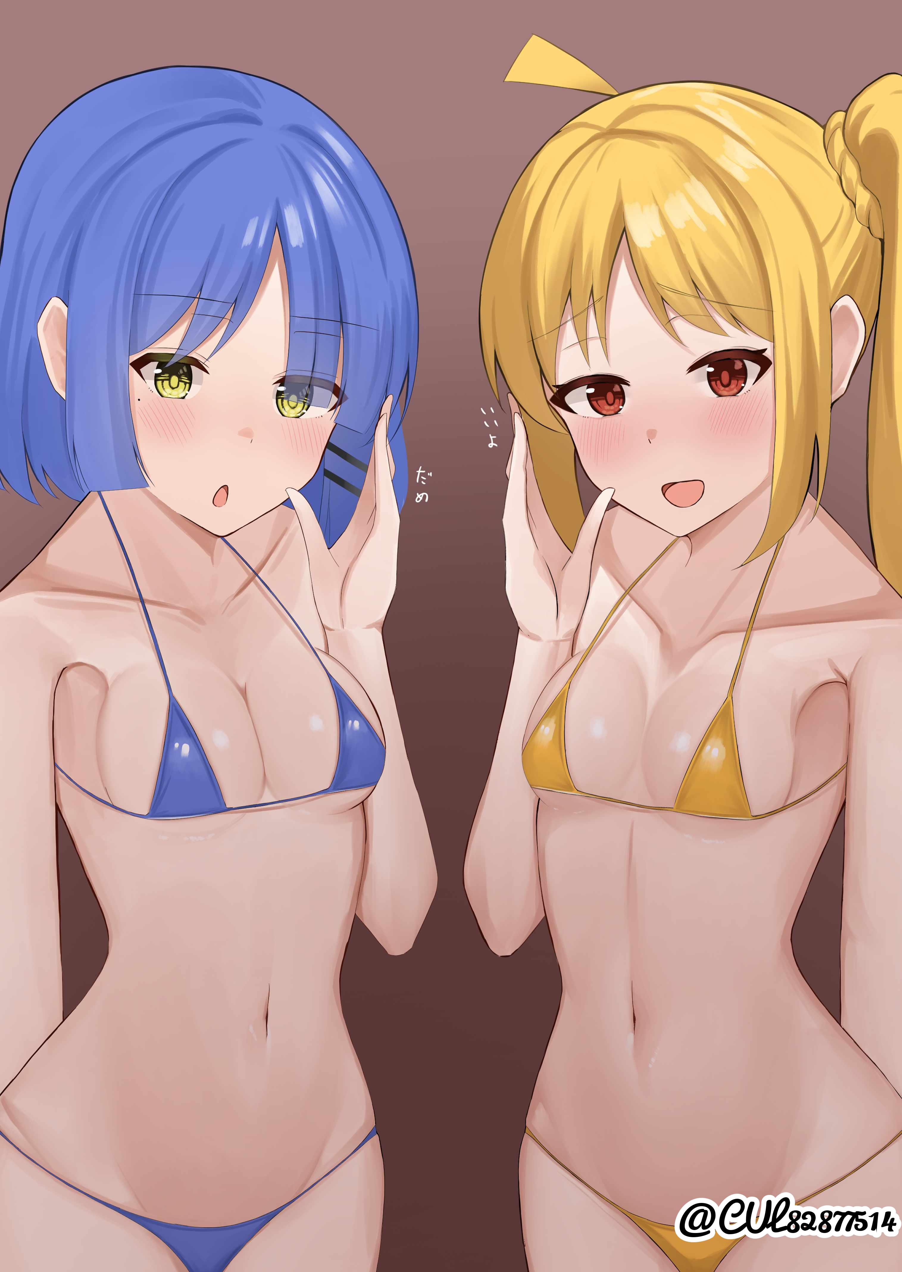 2d, 2d (artwork), 2d artwork, 2girls, ahoge, almost naked, almost nude, alternate body type, alternate breast size, alternate breast size (smaller), anime, anime character, asian, asian female, asian girl, background, bare armpits, bare arms, bare belly, bare chest, bare hands, bare hips, bare midriff, bare navel, bare shoulders, bare skin, belly, belly button, bikini, bikini bottom, bikini only, bikini top, blonde, blonde female, blonde hair, blonde hair female, blonde-haired female, blue bikini, blue bikini bottom, blue bikini top, blue hair, blue micro bikini, blue string bikini, blue swimsuit, blue swimwear, blue-haired female, blush face, blushing, blushing at viewer, blushing female, bocchi the rock!, breasts, brown background, cleavage, cloverworks, collarbone, cul82877514, curvaceous, curvaceous body, curvaceous female, curvaceous figure, curvaceous hips, curvaceous teenager, curvy, curvy body, curvy female, curvy figure, curvy hips, curvy teen, dark background, digital, digital art, digital drawing, digital drawing (artwork), digital media, digital media (artwork), drawing, duo, elbows, exposed, exposed armpits, exposed arms, exposed belly, exposed chest, exposed hips, exposed midriff, exposed navel, exposed shoulders, exposed skin, eyebrows visible through hair, fanart, female, female focus, female only, fingers, fit female, flushed, flushed face, from front, front view, gradient background, green eyes, green-eyed female, groin, hair clip, hair clips, hairclip, hairclips, halterneck, head tilt, hi res, high res, high resolution, high school student, highres, hourglass figure, ijichi nijika, inframammary fold, inguinal crease, inguinal ligament, japanese, japanese female, japanese girl, lean figure, linea alba, long hair, looking at viewer, micro bikini, midriff, mole, mole on body, mole on cheek, mole under eye, mostly nude, multicolored background, multiple females, multiple girls, naked, naked female, naked woman, narrow waist, navel, nearly nude, nude, nude female, nudity, open mouth, open mouth smile, orange eyes, orange-eyed female, parted lips, petite, petite body, petite breasts, petite female, petite girl, petite tits, plain background, ponytail, portrait, practically nude, school girl, shiny breasts, shiny hair, shiny skin, short hair, shoulders, side ponytail, sidelocks, skimpy bikini, slender body, slender waist, slim female, slim waist, small bikini, small boobs, small breasts, small tits, smile, smiley face, smiling, smiling at viewer, standing, stomach, string bikini, swimsuit, swimwear, teen girl, teenage girl, teenager, thong bikini, tilted head, tiny breasts, tiny tits, tongue, top view, two-tone background, upper body, voluptuous, wide hips, yamada ryou, yellow bikini, yellow bikini bottom, yellow bikini top, yellow hair, yellow micro bikini, yellow string bikini, yellow swimsuit, yellow swimwear, yellow-haired female, young female, young woman