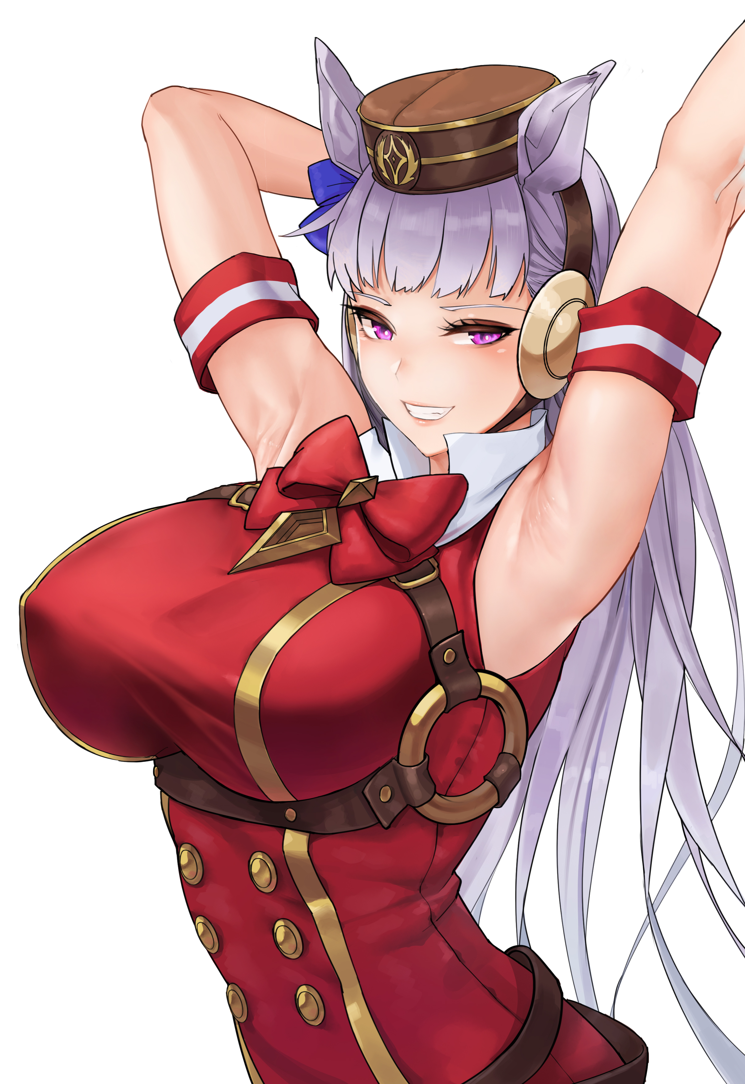 armpit, armpit crease, armpit fetish, armpit peek, armpits, arms up, big boobs, big breasts, big tits, boobs, breasts, clothed, gold ship (umamusume), horse girl, kemonomimi, large boobs, large breasts, large tits, mute (artist), mute (mute89539160), nipple bulge, nipples, nipples visible through clothing, pink eyes, sweat, sweaty, tight clothing, tits, titties, umamusume, umamusume pretty derby, white hair